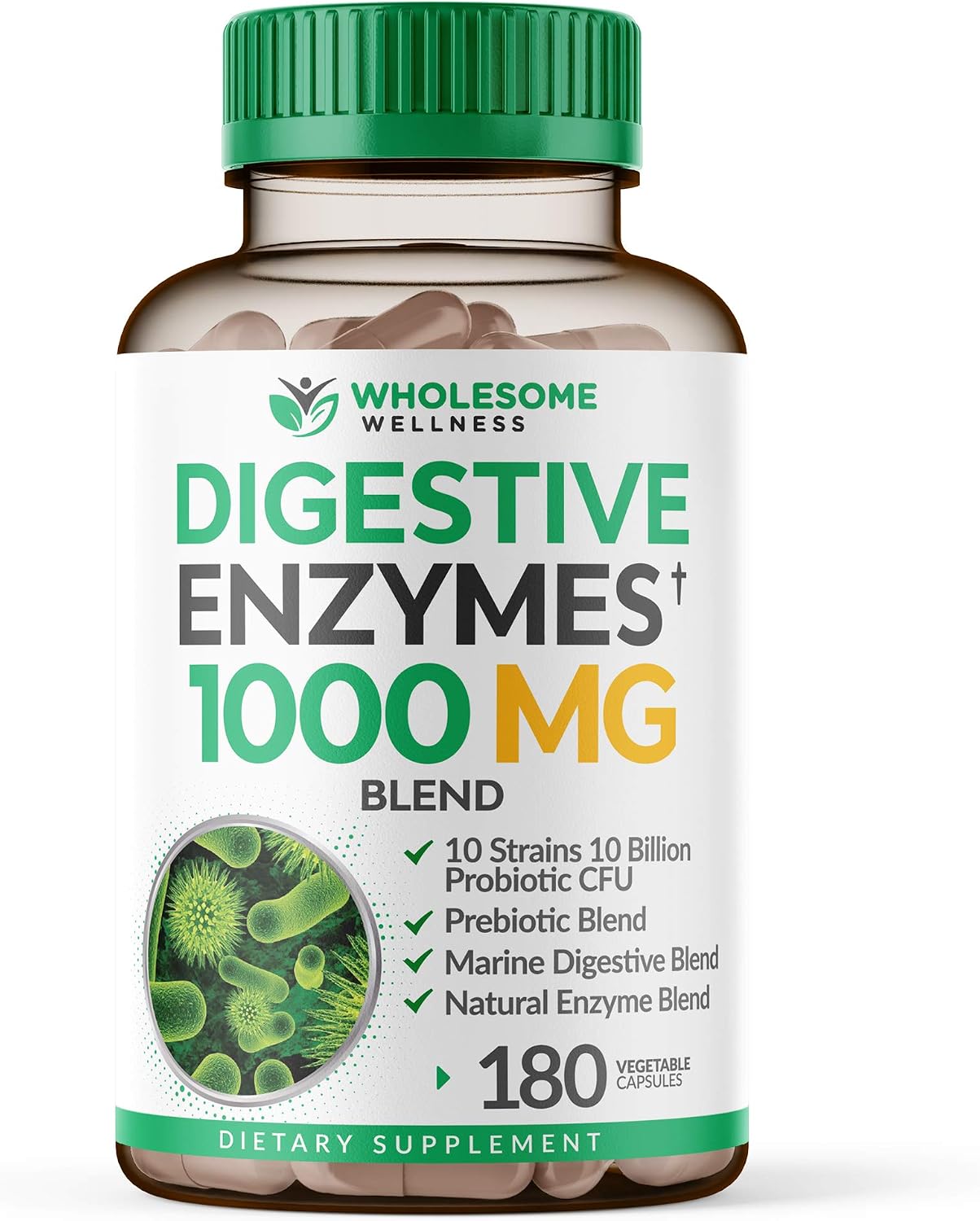 Wholesome Wellness Digestive Enzymes 1000MG Plus Prebiotics & Probiotics Supplement + Super-Absorb Multi Collagen Pills (Type I II III V X) Organic Herbs and Bioperine Bundle