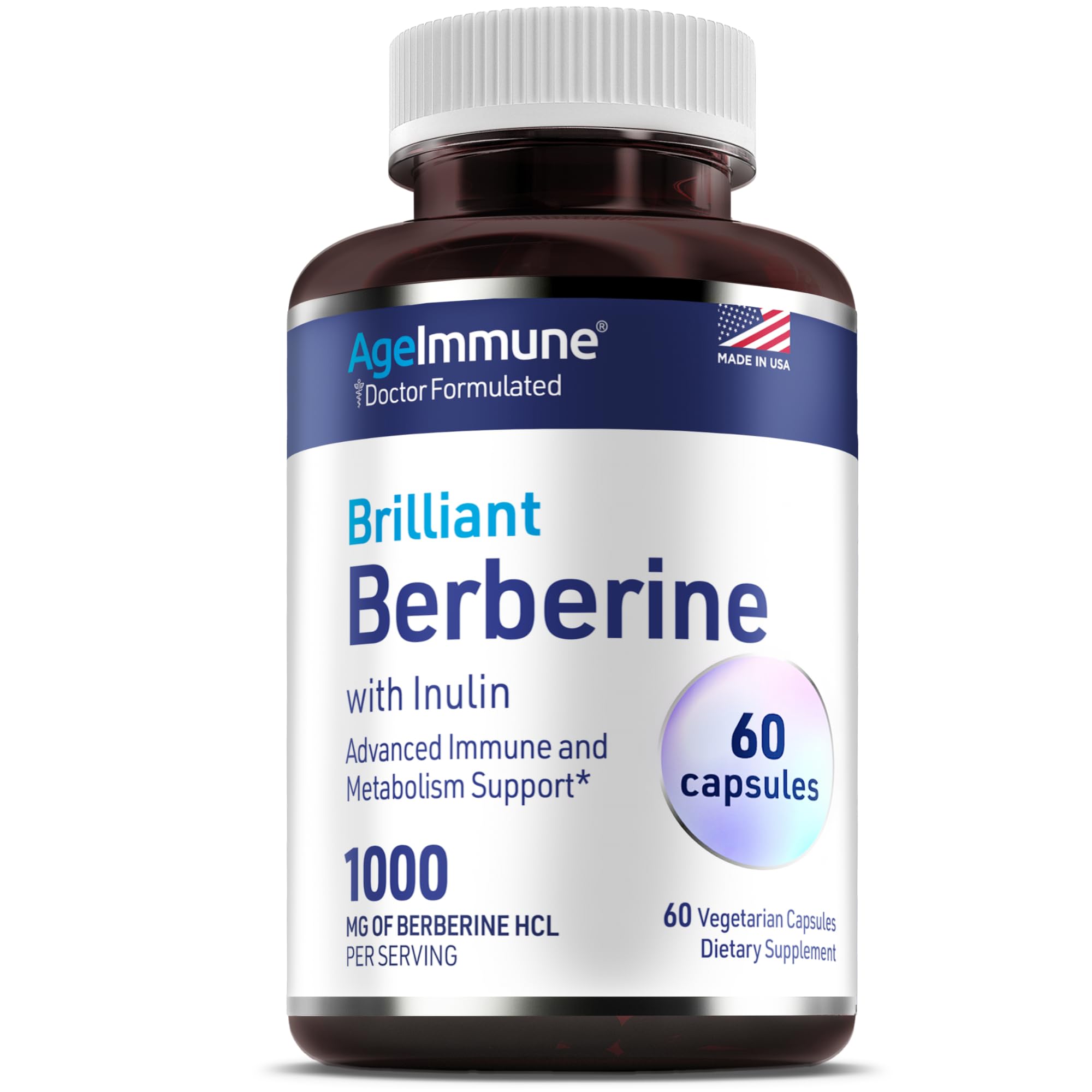 AgeImmune Berberine 1000mg Supplement Complex with Inulin Prebiotic - Berberine HCL 500mg per Capsule - Doctor Formulated and Third Party Tested Berberine Supplement