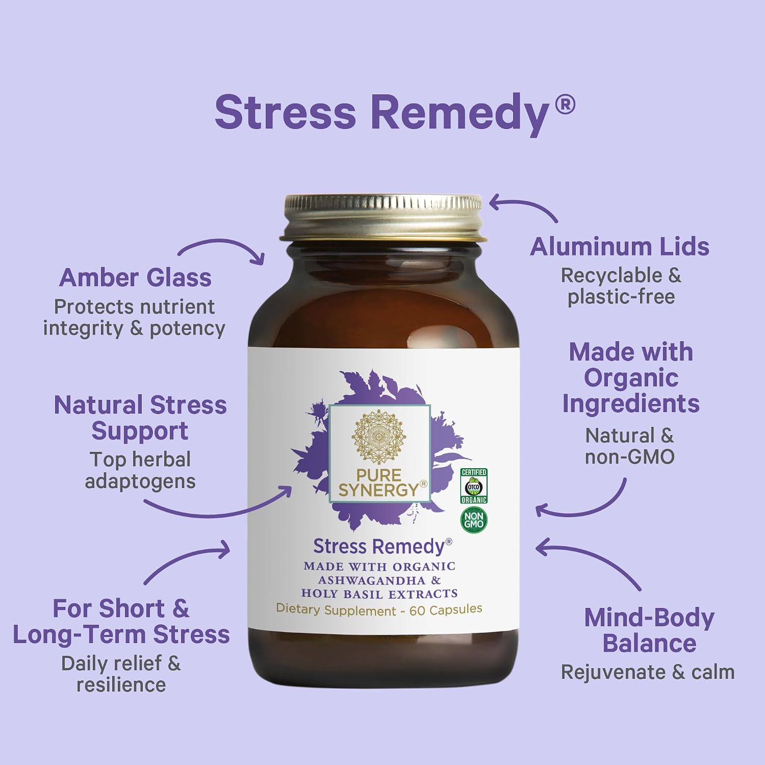 PURE SYNERGY Stress Remedy | Soothing Supplement with Ashwagandha | Organic Adaptogen Support from Lemon Balm and Holy Basil | for Stress Relief, Adrenal Health, and Mood (60 Capsules)