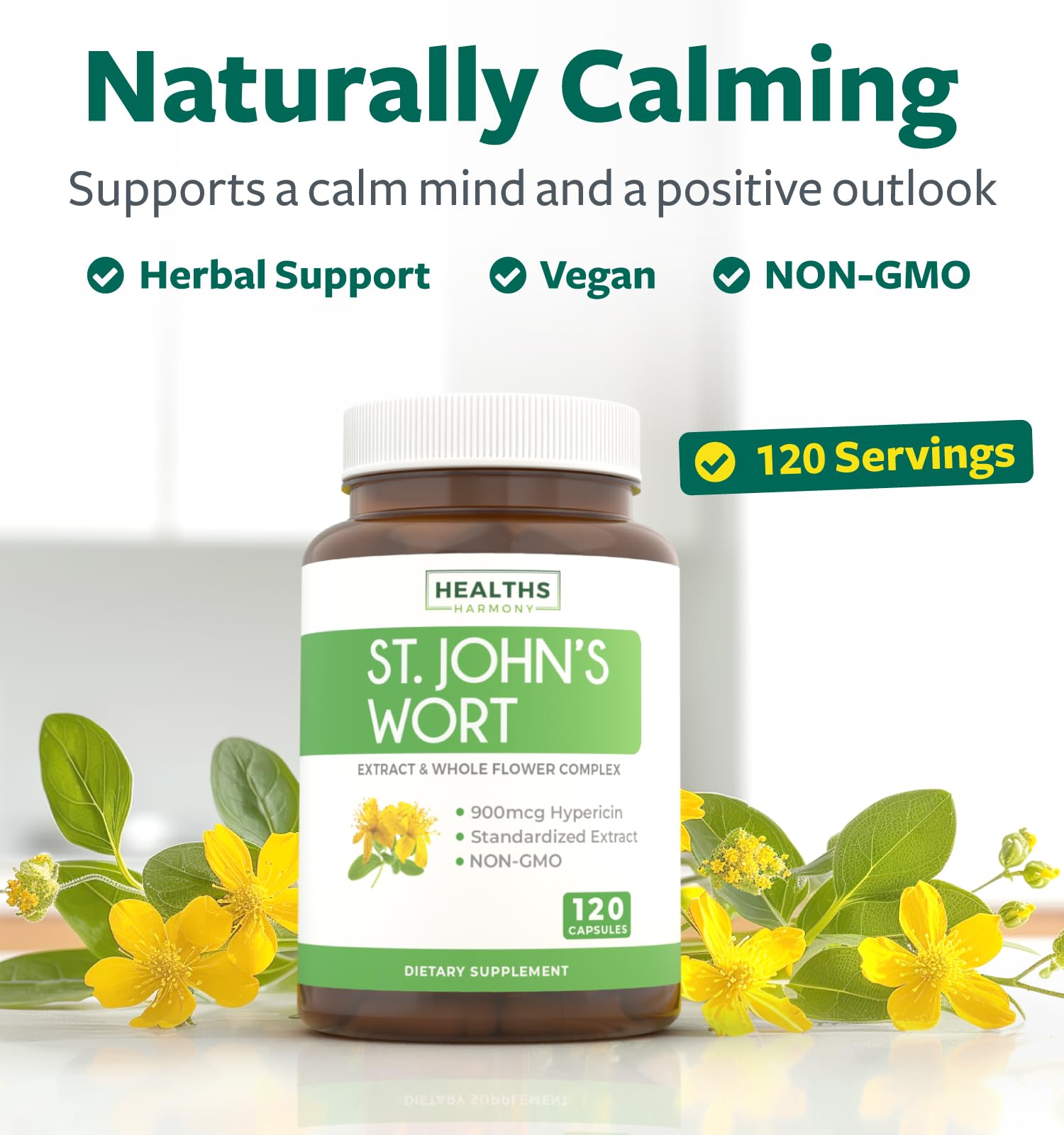 St John's Wort Capsules - Powerful & Potent Saint John's Wort Extract & Whole Herb Complex Standardized to 900mcg Hypericin for Balancing Daily Mood Support - Vegan Non-GMO & Lab Verified (120 Caps)
