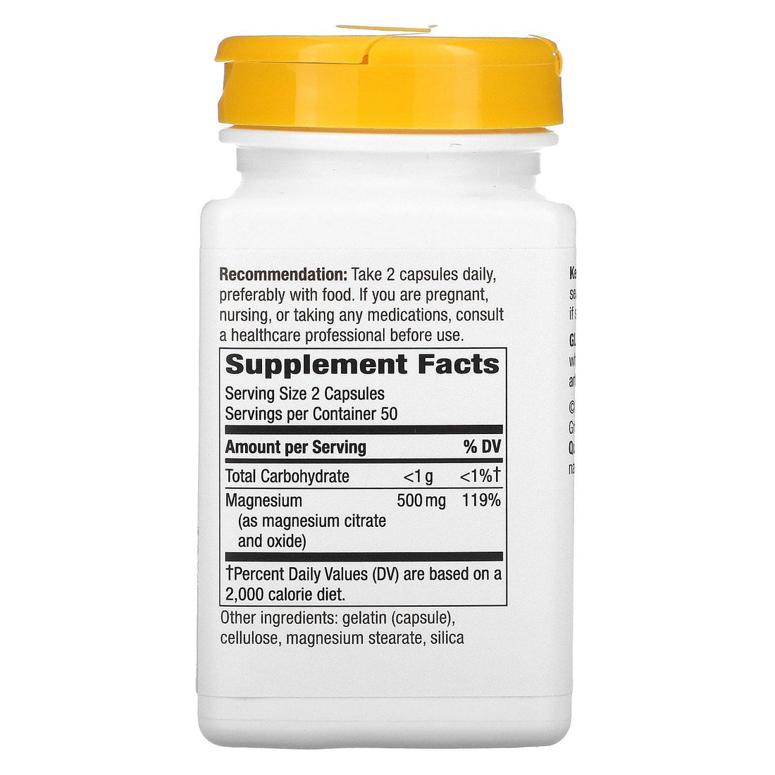 Nature's Way Magnesium Complex dietary supplement bottle with yellow cap and label on a white background