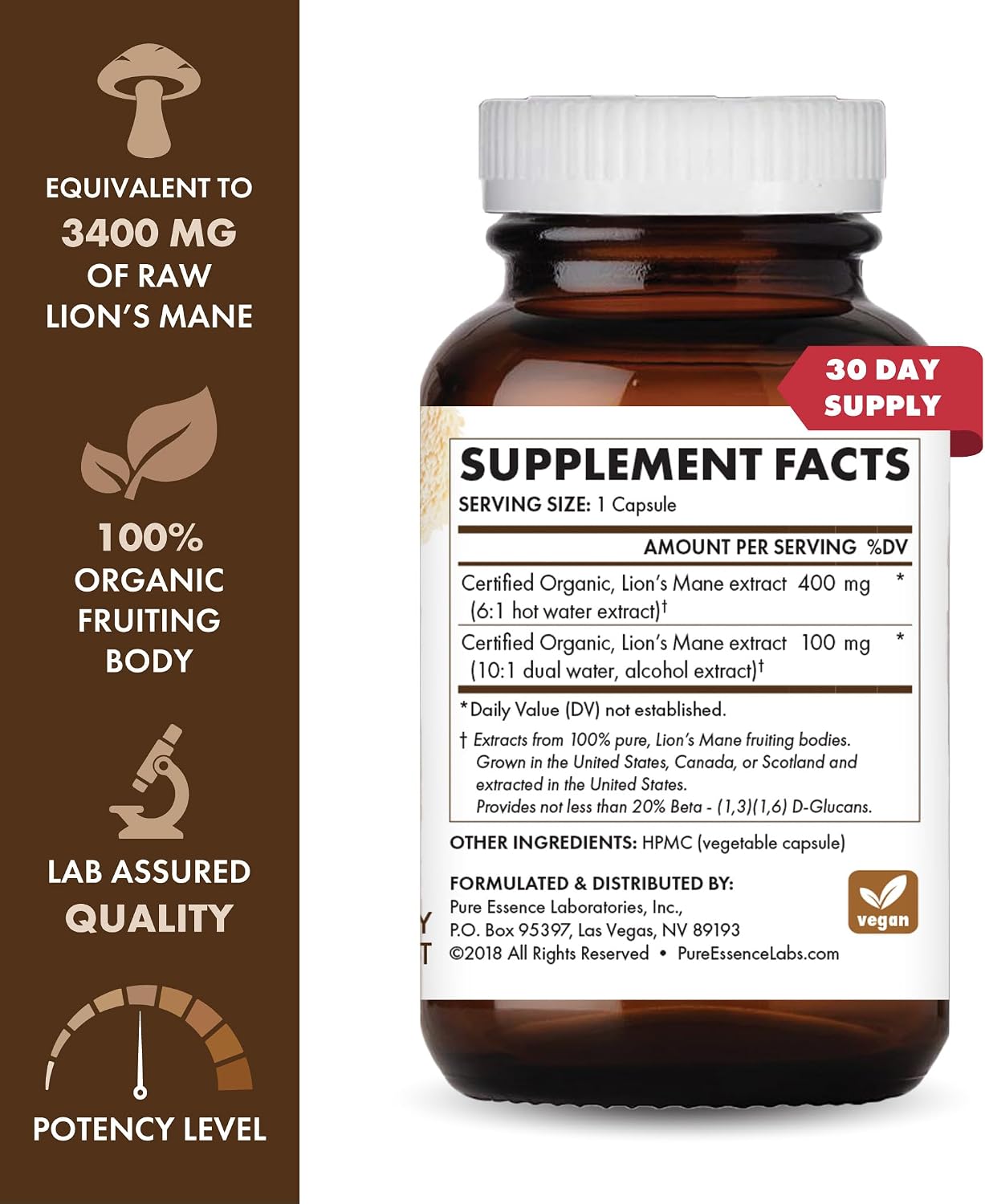 PURE ESSENCE LABS MyPure Lion's Mane 4X - Ultra Strength Brain Support Supplement with 6:1 Hot Water Extract & 10:1 Extract for Cognitive Health, Focus, Memory & Mental Clarity, 30 Capsules