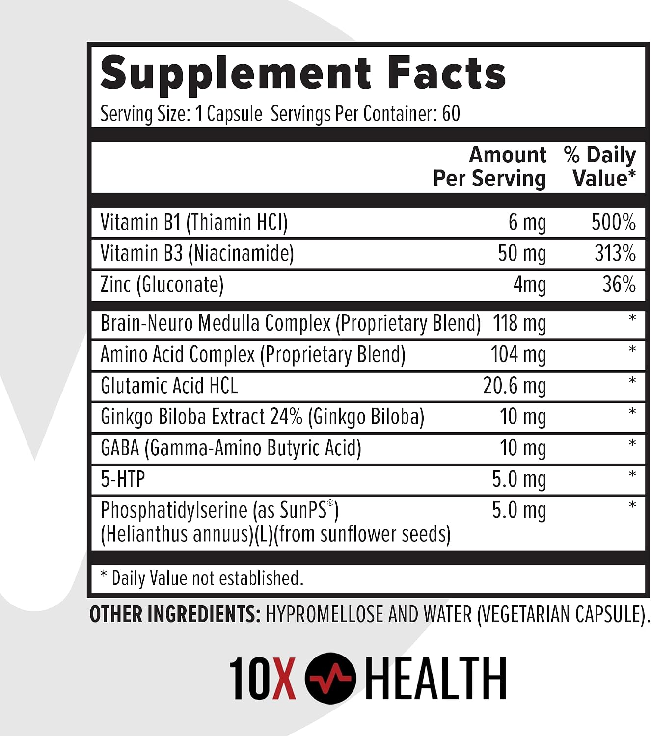 10X Health Brain Supplements for Memory and Focus - 60 Capsules | Ginkgo Biloba: Vitamin B1 & B3, Nootropic Brain & Memory Support, 60 Capsules
