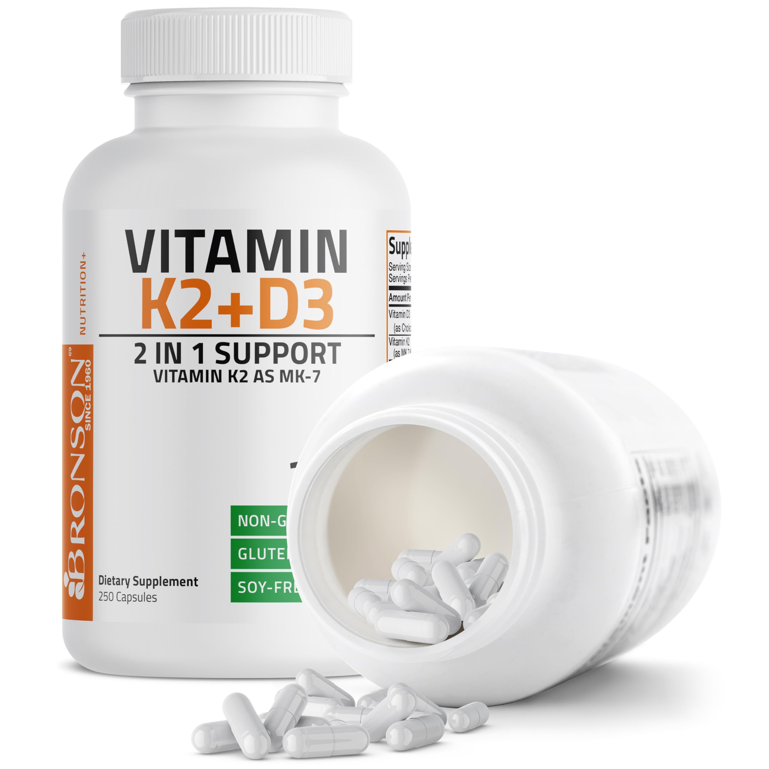 Bronson Vitamin K2 D3 (MK7) Supplement 2-in1 D3 & K2 Complex, 60 Capsules | Bone, Immune & Heart Health Support, Gluten Free, Soy Free, Non-GMO, Vitamin D3 5000IU (125 mcg) & 90 mcg K2 MK-7