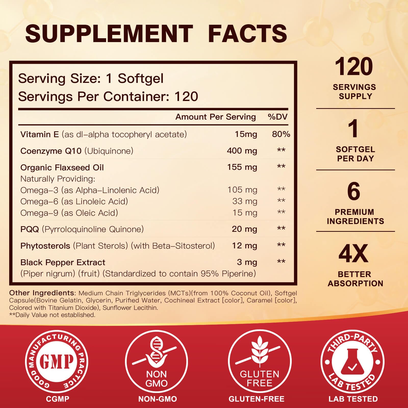 DRFOSTER CoQ10 400mg Softgels - High Absorption Coenzyme Q10 with PQQ, Omega 3-6-9, Plant Sterols & Vitamin E, MCT & Black Pepper - Heart, Brain & Energy Support - Gluten-Free, 120 Days Supply
