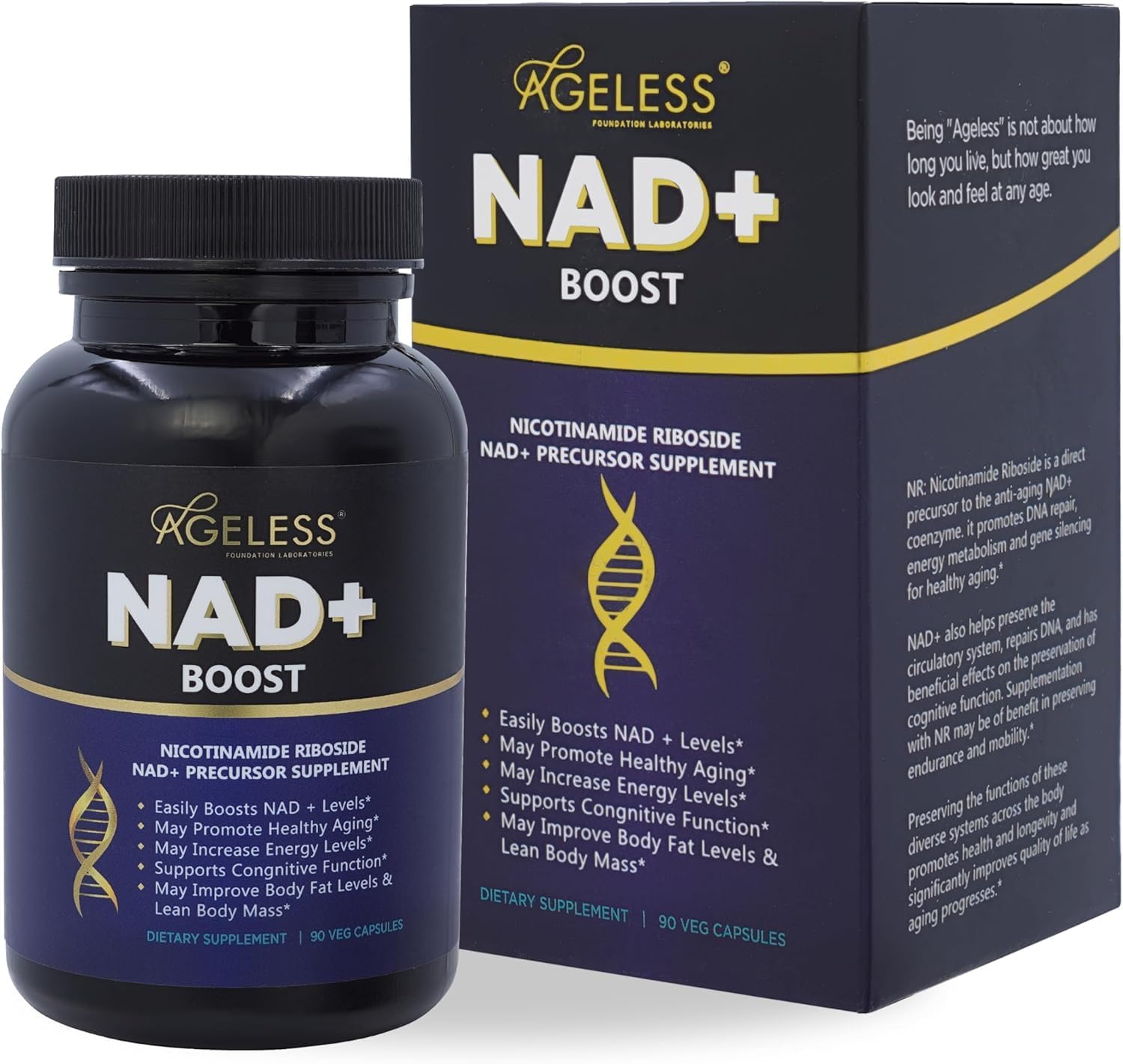 Ageless NAD+ & Brain Support – Nicotinamide Riboside 300mg & Nootropic Cognitive Supplement for Energy, Focus, Memory & Anti-Aging – for Men & Women – 30 + 60 Capsules