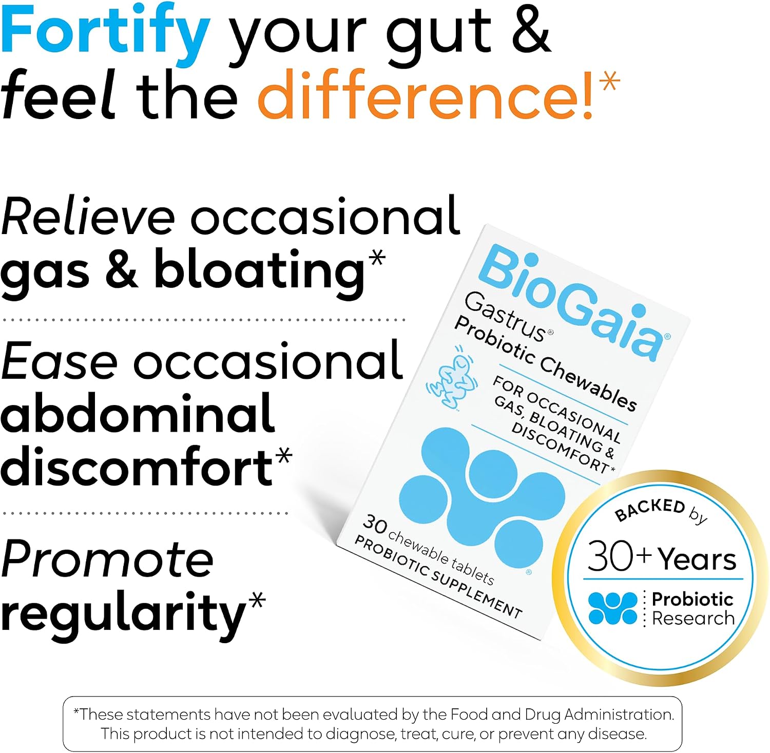 BioGaia Gastrus L reuteri Probiotic | 35 Years of Clinical Gut Research | L reuteri 6475 + 17938 Probiotics | Ease Gut Discomfort, Gas & Bloating | Promotes a Healthy Gut & Microbiome | 30 Chewables
