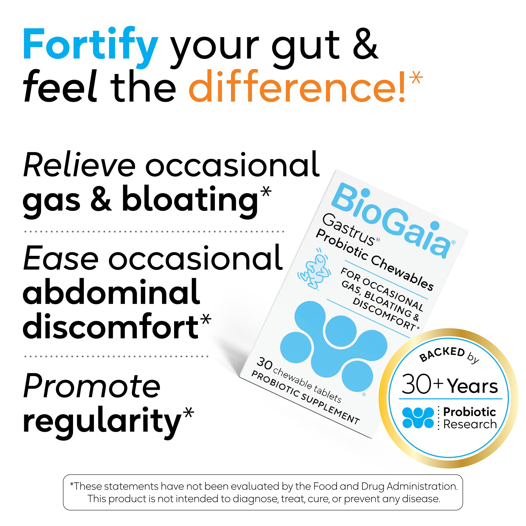 BioGaia Gastrus L reuteri Probiotic | 35 Years of Clinical Gut Research | L reuteri 6475 + 17938 Probiotics | Ease Gut Discomfort, Gas & Bloating | Promotes a Healthy Gut & Microbiome | 30 Chewables
