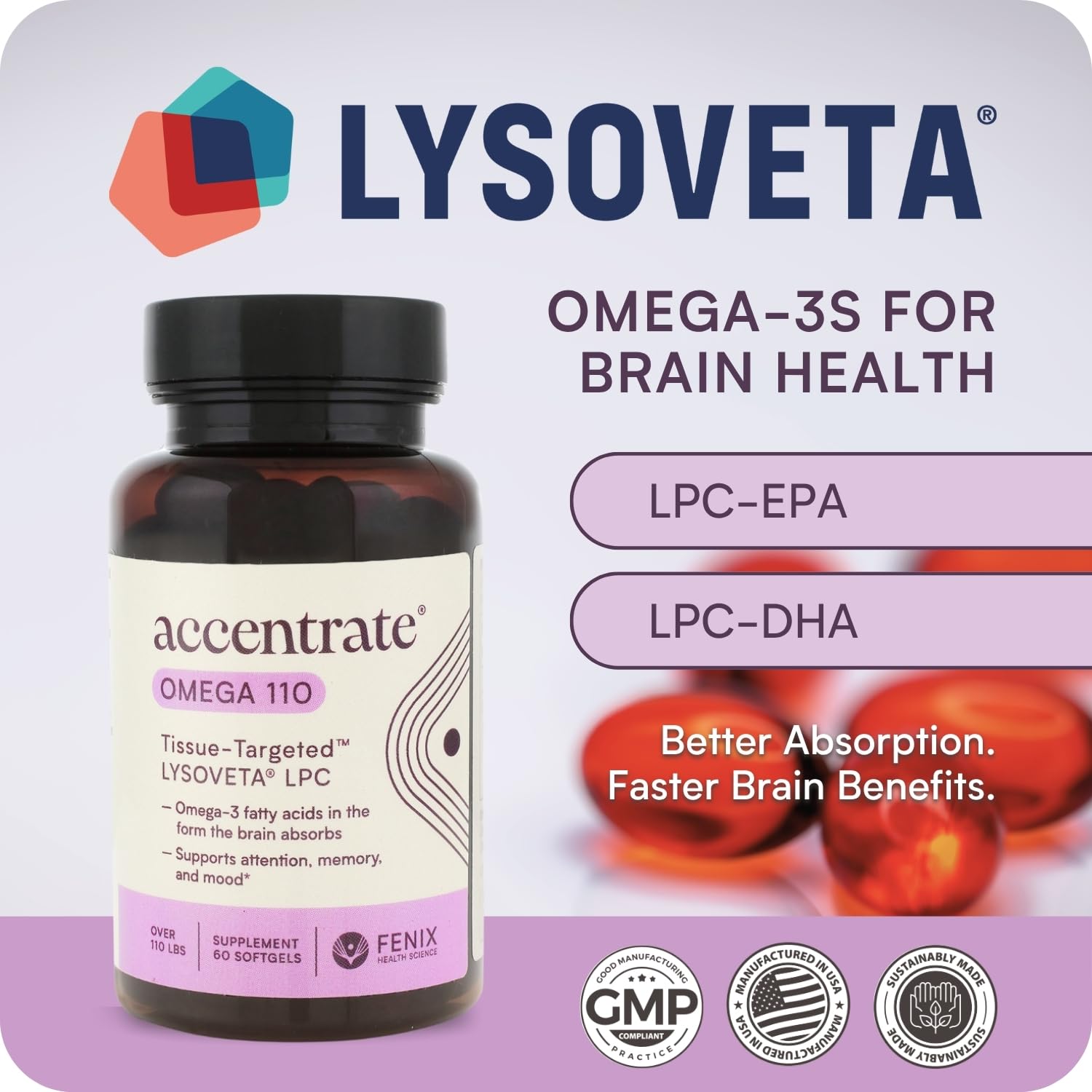 Omega Max w/LYSOVETA | High Potency LPC & Lyso-DHA Omega-3 Supplement | Brain Health, Focus & Mood | 6X Higher Absorption | Fish oil in the form the brain actually takes up, not just what the bloodstream carries. Supports focus and memory.