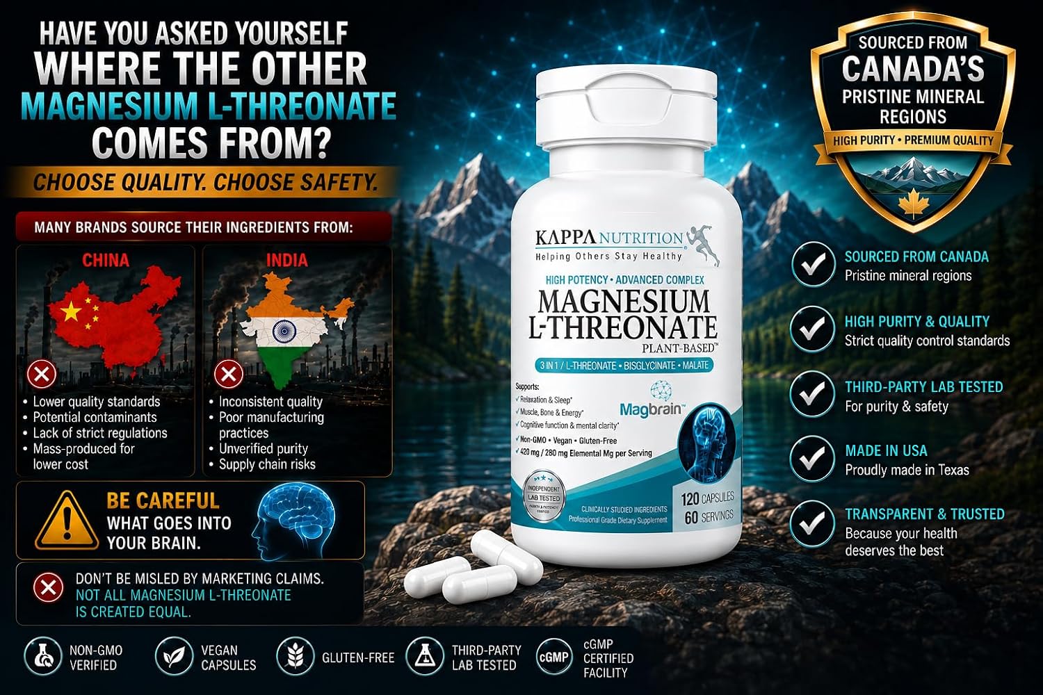 Magnesium L-Threonate Plant-Based 3 in 1 Powered by Magbrain® Magnesium L-Threonate Plant-Based | Magnesium Bisglycinate & Magnesium Malate | Up to 420 mg Elemental Magnesium | 150 Vegan Capsules.