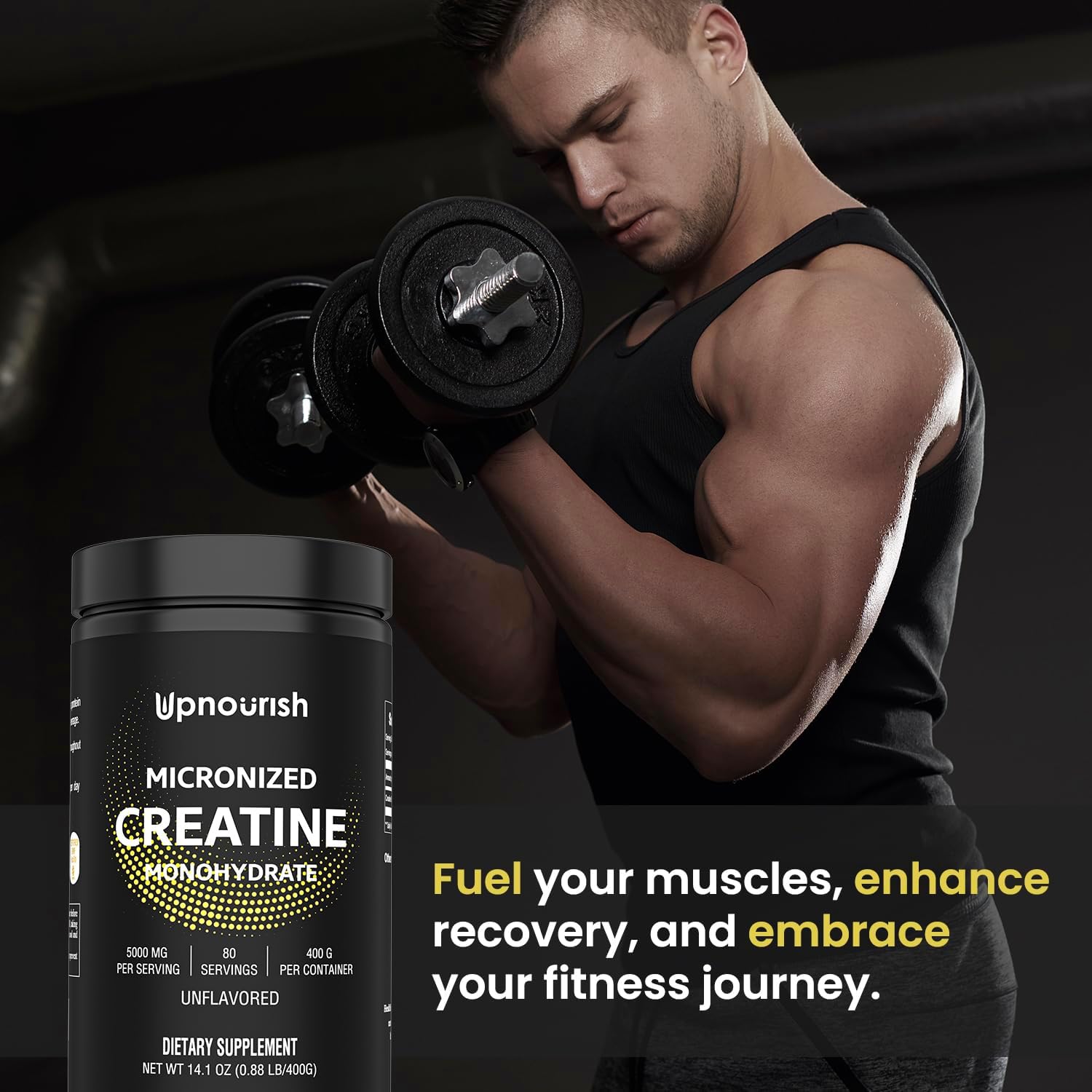 UpNourish Micronized Creatine Monohydrate Powder 400 G - Unflavored Vegan for Pre Workout, Muscle Building Pure Women and Men Instantized Supplement, 80 Servings 14.1096 Ounce