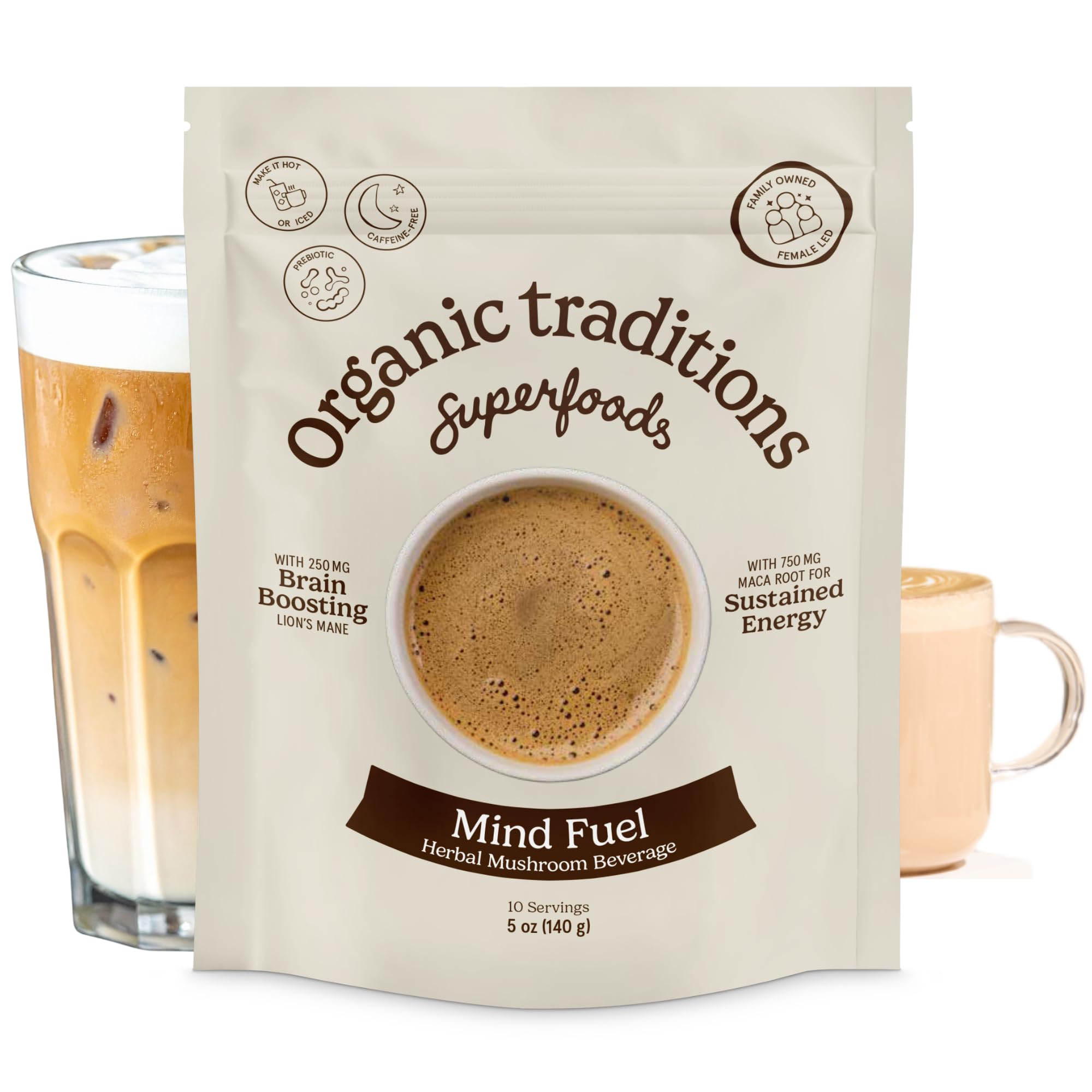 Organic Traditions Mind Fuel Instant Mushroom Coffee Alternative, Caffeine Free Lion’s Mane and Maca Herbal Drink with Dandelion, Chicory, Roasted Grain Blend, Natural Focus Support, 140g / 5oz