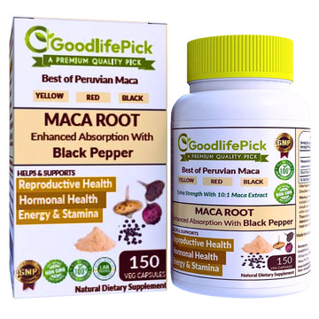 Peruvian Maca Root Capsules 150 ct. Powerful Maca Blend of Yellow Red & Black Maca Root with Black Pepper. All Natural NonGMO Vegan No Stearate No Rice Powder No Silica No Filler GoodlifePickBuy Supplements Australia