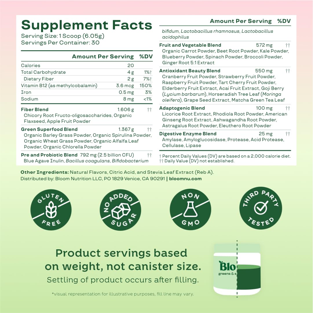 Bloom Nutrition Superfood Greens Powder, Berry, 30 Servings | Digestive Enzymes with Probiotics and Prebiotics, Gut Health, Bloating Relief for Women, Chlorella, Green Juice Mix