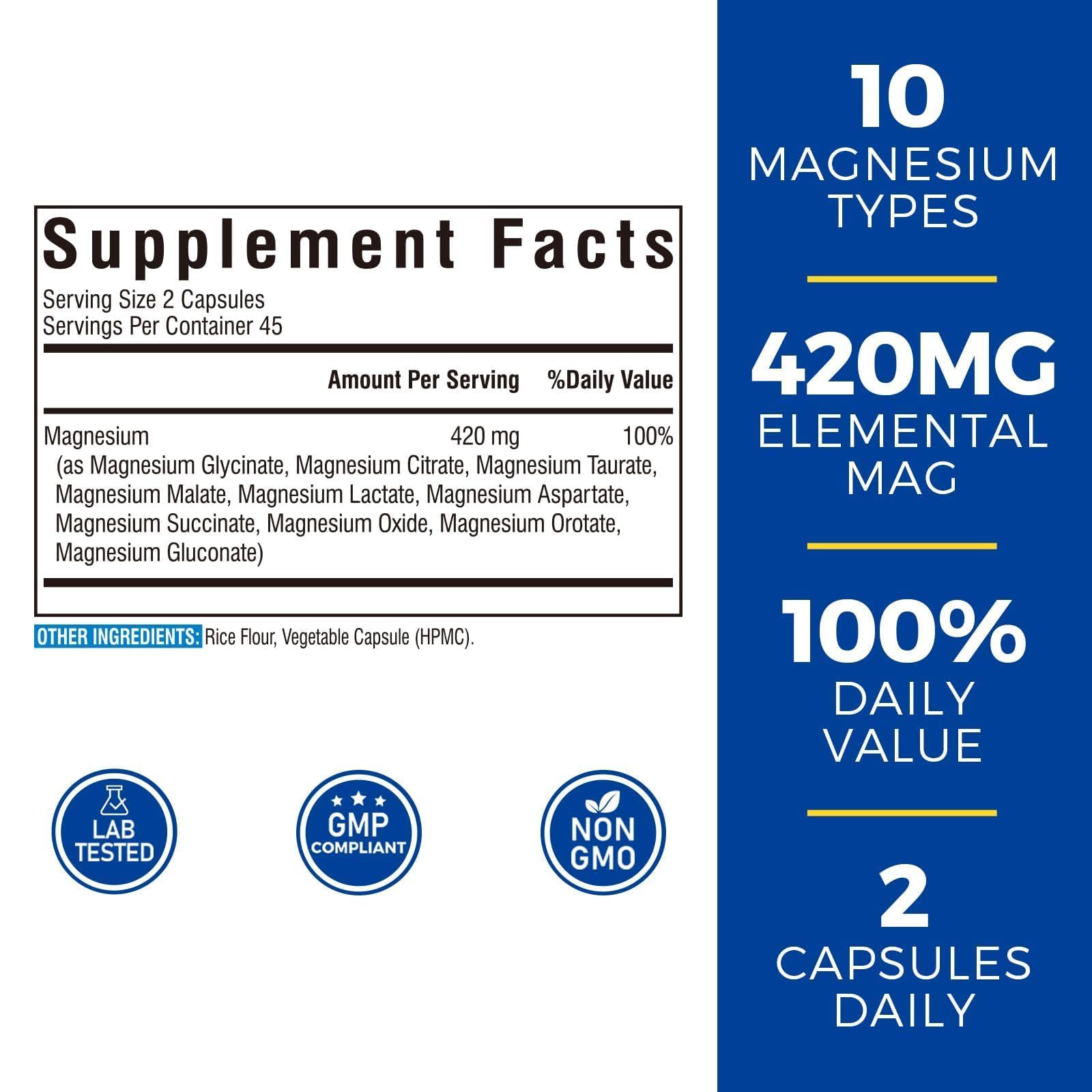 Vitalibre 10 in 1 Magnesium Complex, 420mg Elemental Magnesium 120 Capsules | Ultra Strength, Max Absorption | Chelated Magnesium Supplement for Women Men Nerves, Bone & Heart Health | Non-GMO