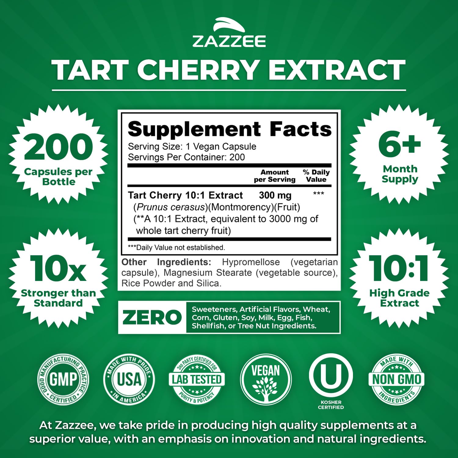 Zazzee Tart Cherry 10:1 Extract, 200 Vegan Capsules, 6+ Month Supply, Montmorency Cherry, Certified Kosher, Joint & Uric Acid Support, Antioxidant Support Formula, Non-GMO, Made in the USA