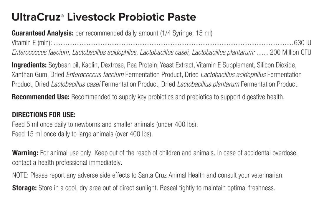UltraCruz livestock probiotic paste packaging with measurement scale