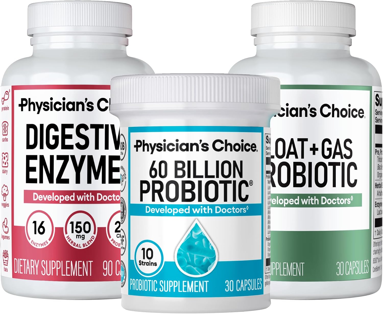 Physician's CHOICE Gut Value Bundle: 60 Billion Probiotic 30ct + Bloat & Gas Probiotic 30ct + Digestive Enzymes 90ct