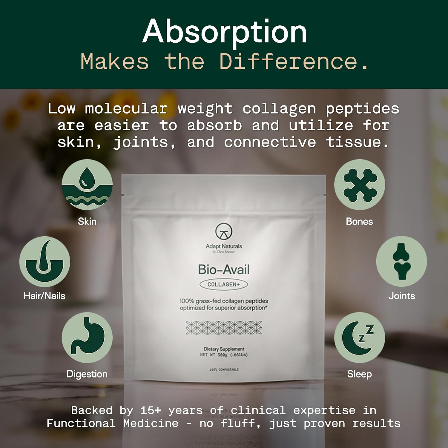 Adapt Naturals Bio-Avail Collagen+, Grass Fed Collagen Peptides, Unflavored | Optimized for Superior Absorption, Naturally-Sourced Collagen Supplement for Women and Men, Dairy Free - 30 Day Supply
