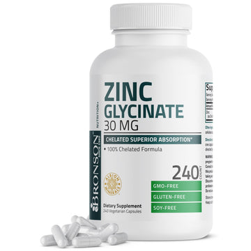 Bronson Zinc Glycinate 30mg Chelated Superior Absorption 100% Chelated Formula Non-GMO, 120 Vegetarian Capsules