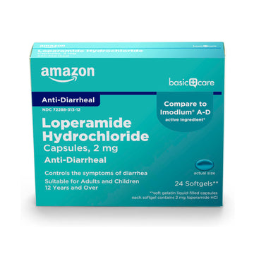 Amazon Basic Care Loperamide Hydrochloride packaging on a white background