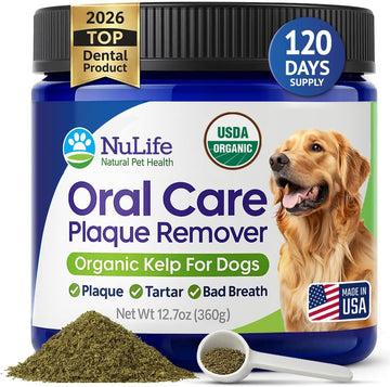 Dog Teeth Cleaning Powder, Dog Plaque and Tartar Remover, Bad Breath Treatment for Dogs with USDA Organic Sea Kelp Powder, Dog Dental Care Made Easy, for All Ages, 12 oz