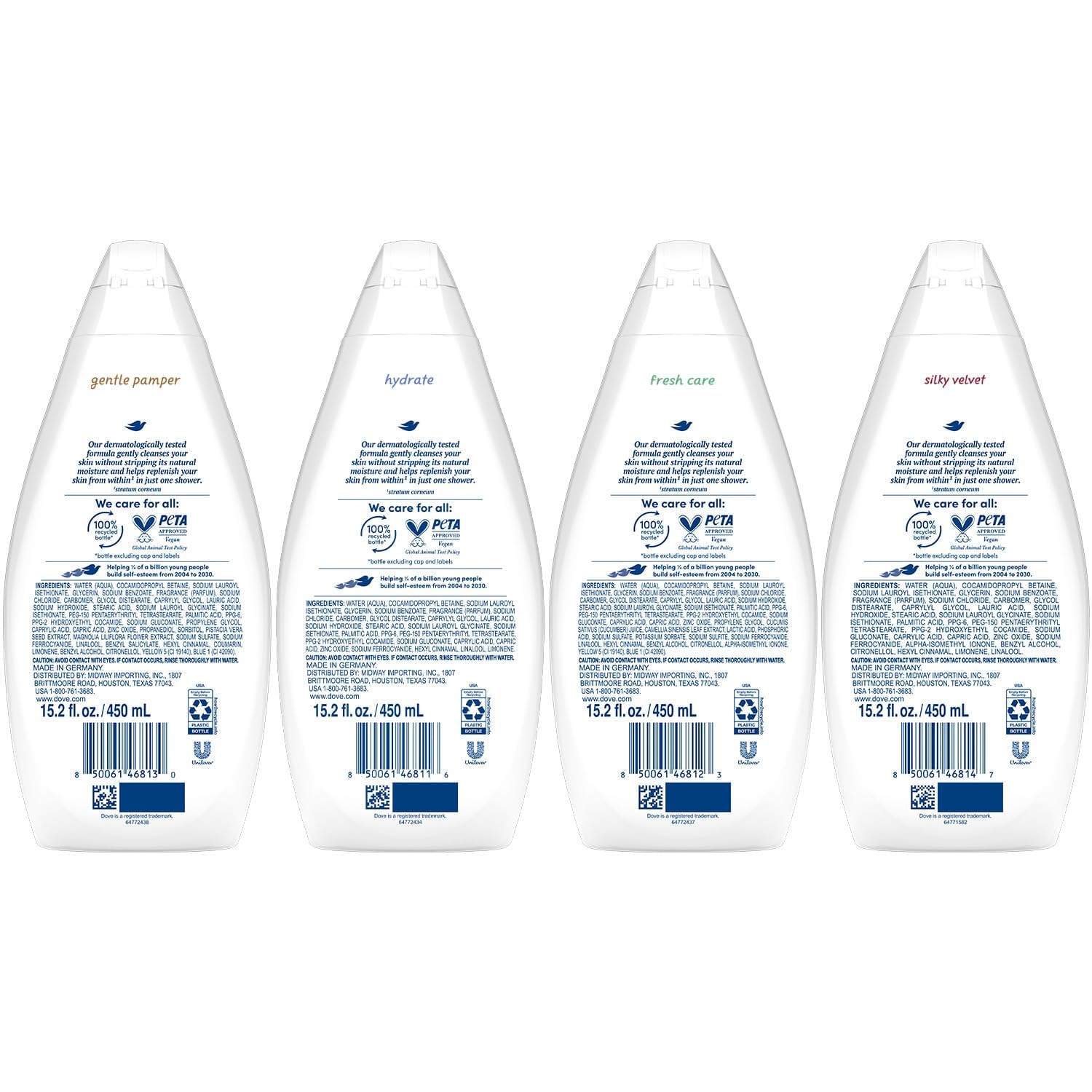 Dove Moisturizing Body Wash, Variety 6-Pack, 15.2 Oz Ea | Hydrate 2-Pack + Gentle Pamper, Fresh Care, and Silky Velvet | Moisturizing Shower Gel Liquid, Instantly Replenish Dry Skin