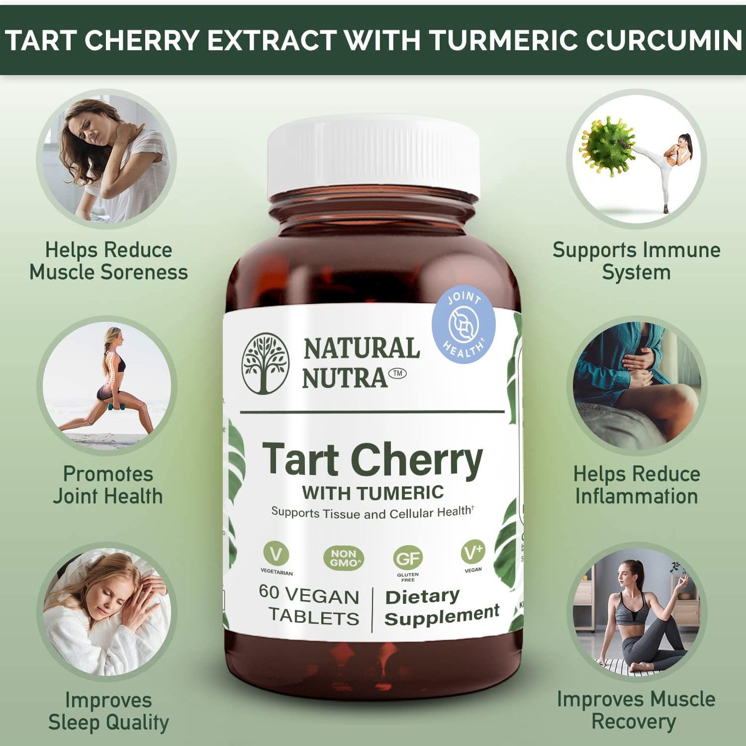 Natural Nutra Tart Cherry Extract with Turmeric Curcumin, Helps Reduce Muscle Soreness, Supports Immune System, Promote Joint Health, Improves Sleep Quality, Vegan, Vegetarian, Gluten Free, 60 Tablets