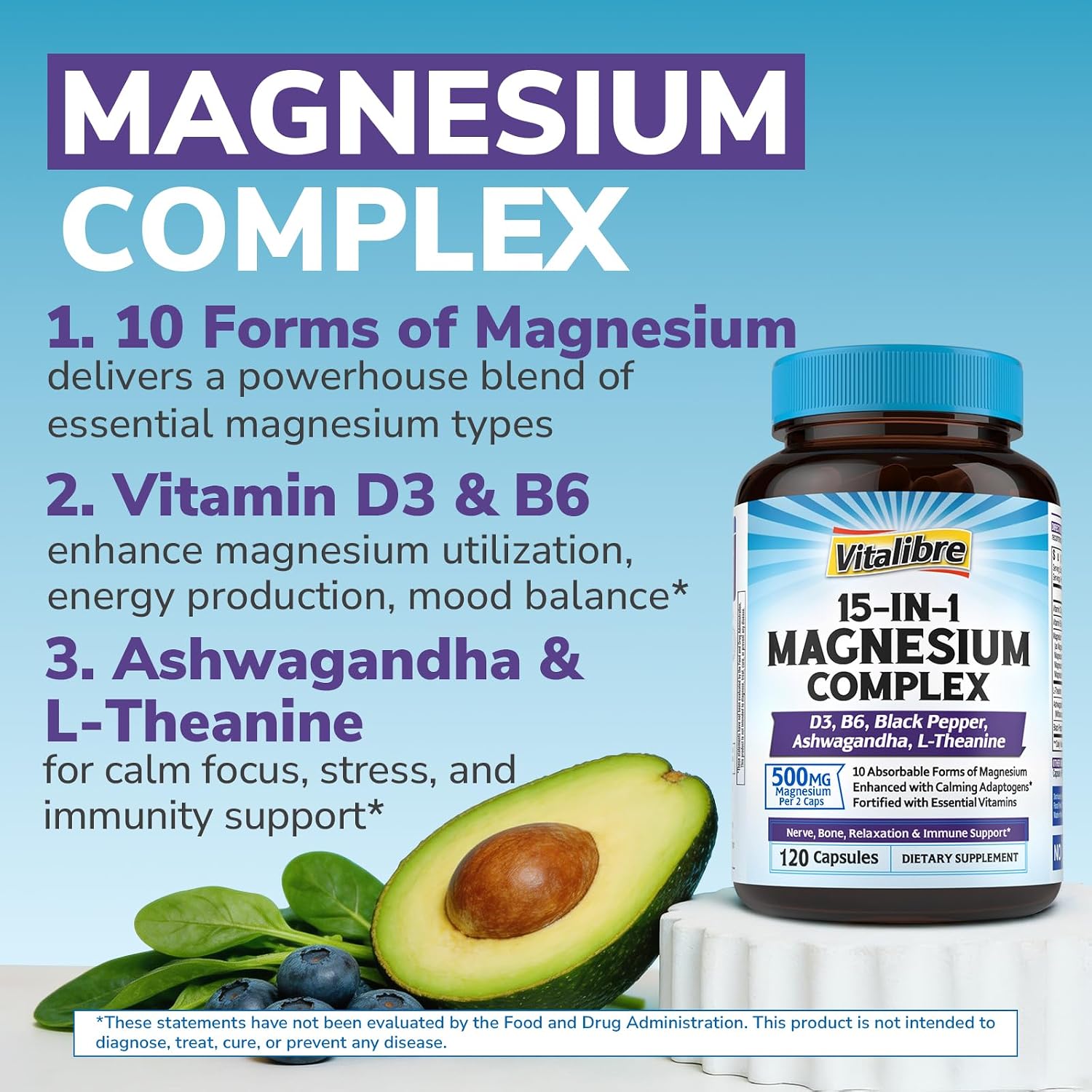 Vitalibre 15 in 1 Magnesium Complex for Women Men, 120 Vegan Capsules | Magnesium Glycinate, Malate, Taurate and More, with Ashwagandha, L-Theanine, Vitamin D3 & B6, Relaxation, Bone, Nerve Support