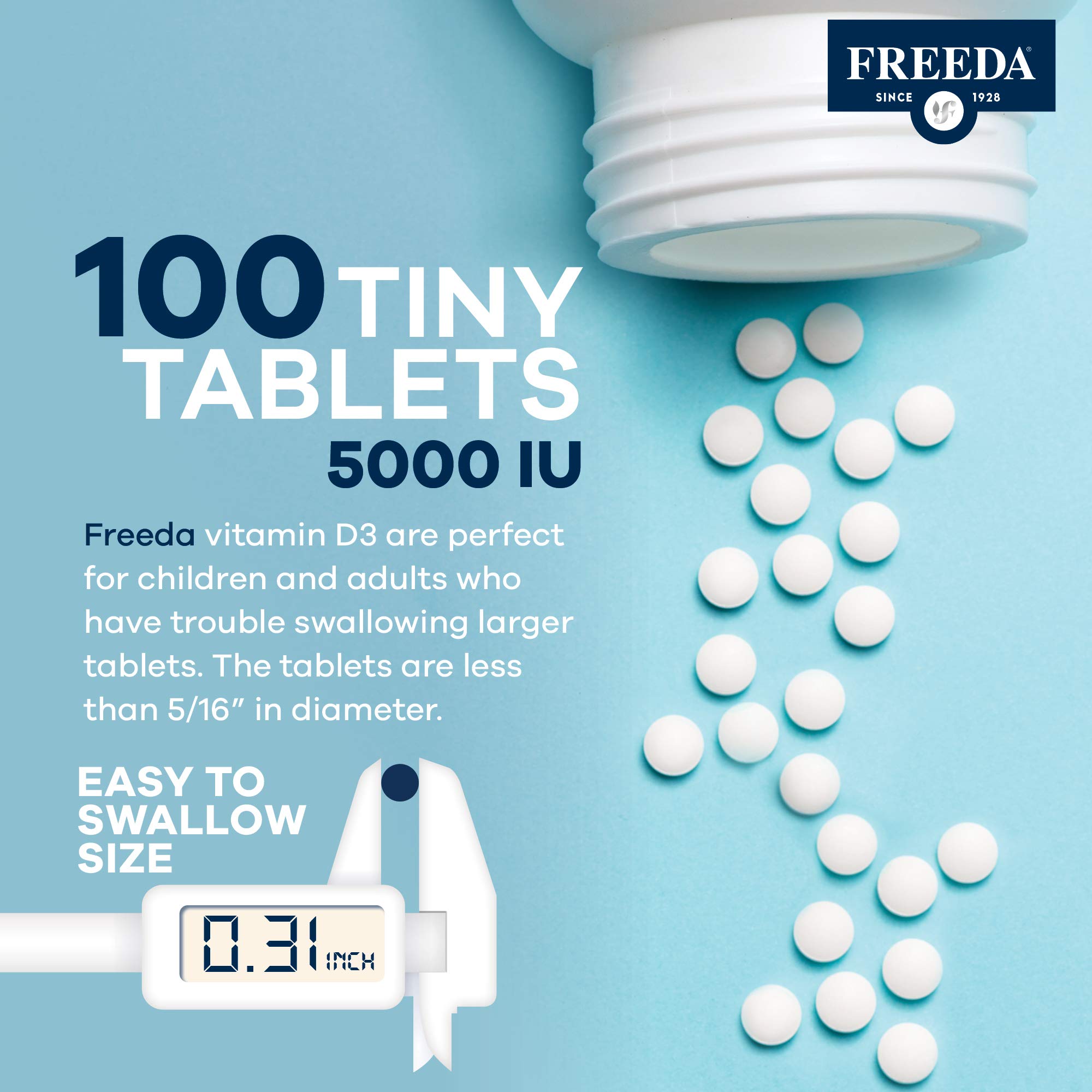FREEDA Vitamin D3-5000 IU - Pure High Potency Kosher Supplement Tablets - Bone and Muscle Health, Calcium Absorption, Immune Support for Men and Women* - 250 Count | High Potency Vitamin D3 Supplement with 5000 IU Tablets - Support Bone Health, Muscle Fun