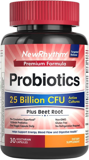 NewRhythm Probiotics for Women & Men 25 Billion CFU, with Organic Beet Root Extract, Nitric Oxide, Circulation, Energy & Heart Health, All Natural, Vegan, Non-GMO, 30 Caps