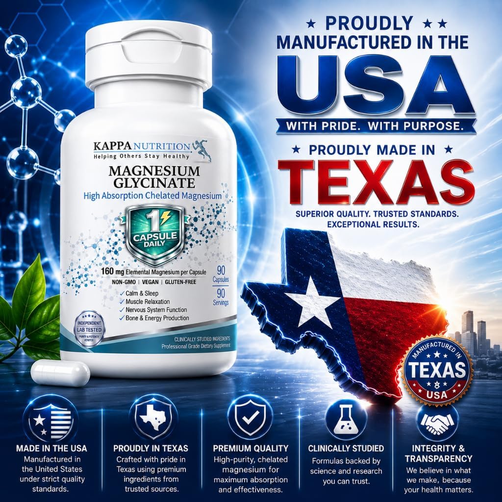 Kappa Nutrition, Magnesium Glycinate 60 Vegan Capsules, 160 mg Elemental | High-Absorption Chelated Magnesium | 1 Capsule Daily | Non-GMO, Vegan, Gluten-Free | Made in USA with Canadian Magnesium