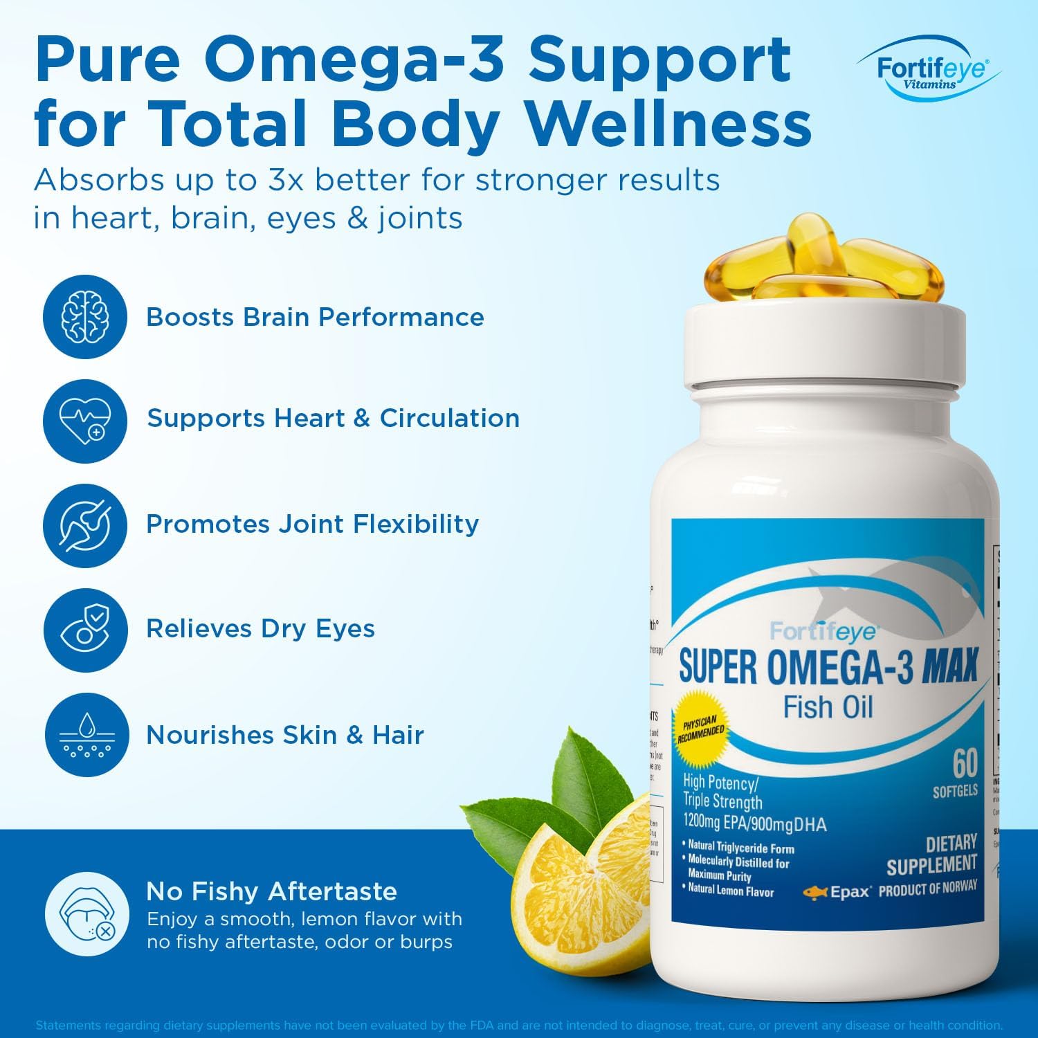 Fortifeye Super Omega-3 Max Fish Oil - 60 Count - Quadruple Strength Ultra-Pure rTG Omega-3-2400mg EPA + DHA in 2 Softgels - Expertly Concentrated & Purified in Norway from Wild Fish - Lemon Flavor
