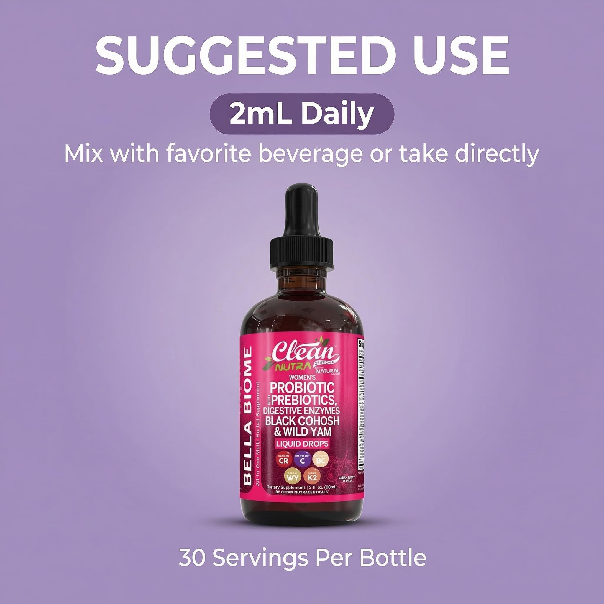 Liquid Probiotics for Women Drops with Chasteberry, Black Cohosh, Prebiotics, Digestive Enzymes, Evening Primrose Oil, Wild Yam, Cranberry Dmannose and Iron Vitamin D3 K2 Clean Nutra Bella Biotics Clean Nutraceuticals buy supplements Au