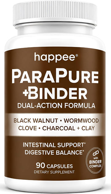 Happee ParaPure Cleanse with Binder for Humans, Intestinal Support, 2-in-1 | Wormwood, Black Walnut, Clove with Charcoal Binder for Digestive Balance (No Stack Needed) 90 Capsules