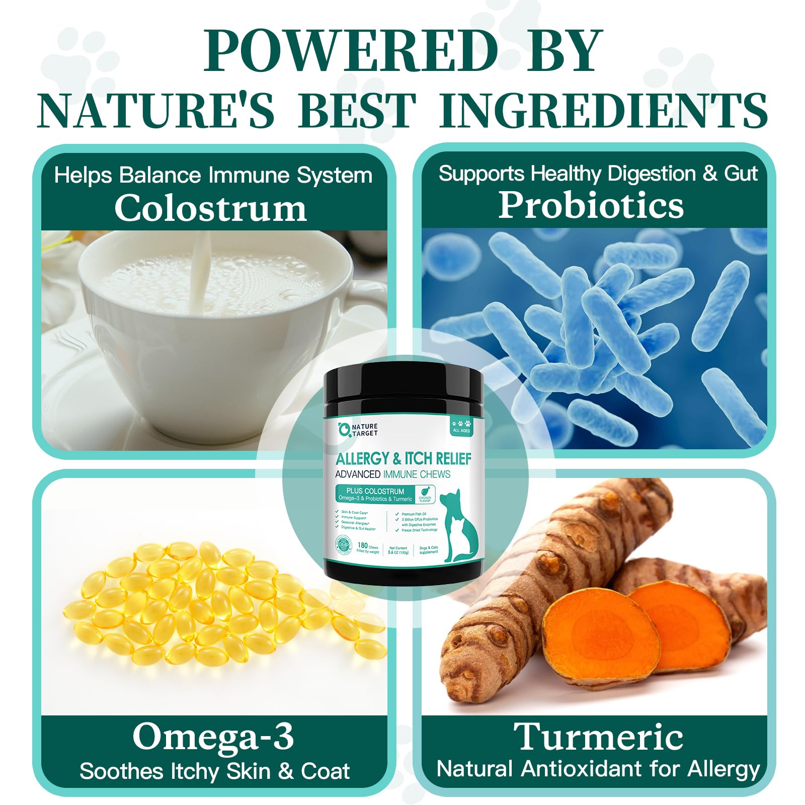 NATURE TARGET Dog Allergy Chews, Skin & Gut, Real Chicken, Freeze-Dried | Probiotics & Colostrum, Omega 3, Soothes Hot Spots, Stops Paw Licking, Digestive Health, Daily Immune Support, 120 Chews