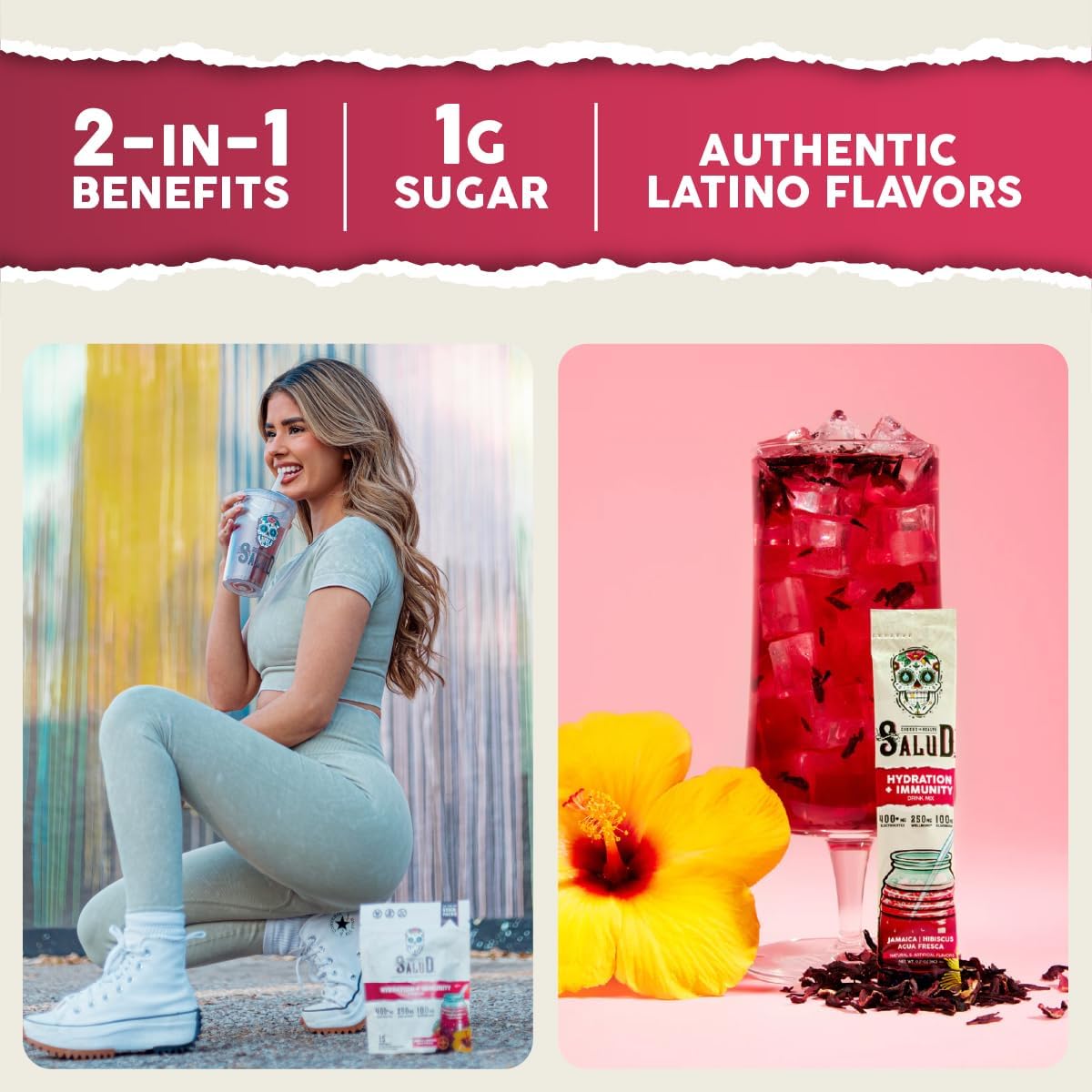 Salud 2-Pack | 2-in-1 Hydration + Immunity (Hibiscus) & Hydration + Immunity (Paloma) – 15 Servings Each, Agua Fresca Drink Mix, Non-GMO, Gluten Free, Vegan, Low Calorie, 1g of Sugar