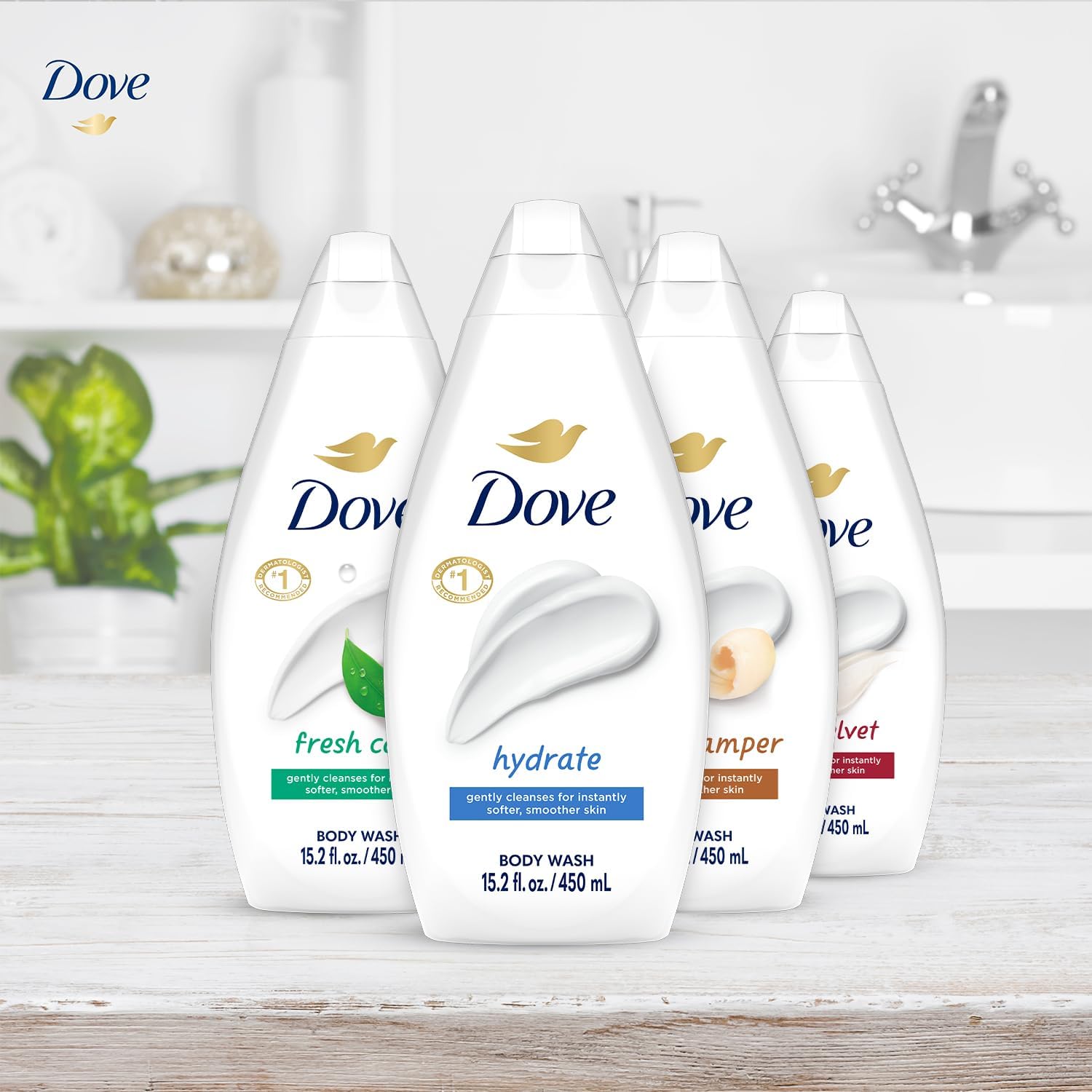 Dove Moisturizing Body Wash, Variety 6-Pack, 15.2 Oz Ea | Hydrate 2-Pack + Gentle Pamper, Fresh Care, and Silky Velvet | Moisturizing Shower Gel Liquid, Instantly Replenish Dry Skin