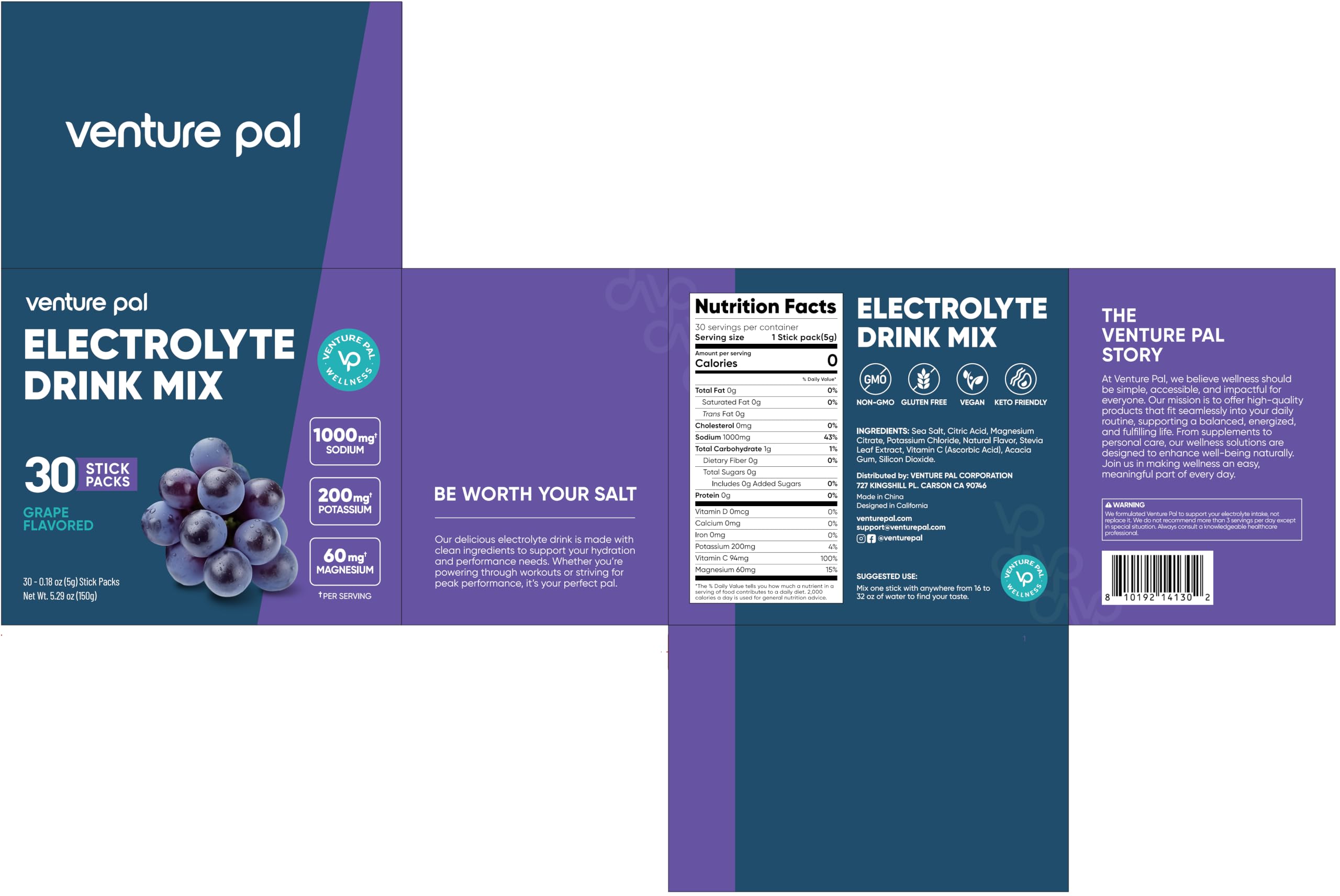Venture Pal High Sodium Sugar-Free Electrolytes Powder Packets, 16 Sticks | Hydration Packets with Sodium, Potassium & Magnesium, Zero Calories, Keto, Vegan, and Paleo Friendly