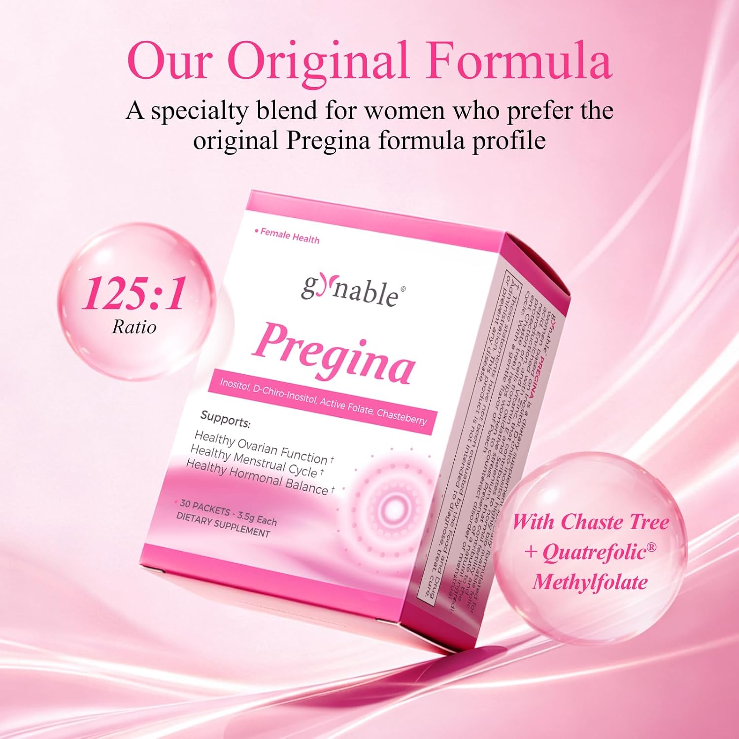 Gynable Pregina Myo-Inositol & D-Chiro Inositol for Women - Original 125:1 Formula, Hormonal Balance & Cycle Wellness, with Chaste Tree & Methylfolate, Powder Sachets, 30 Servings