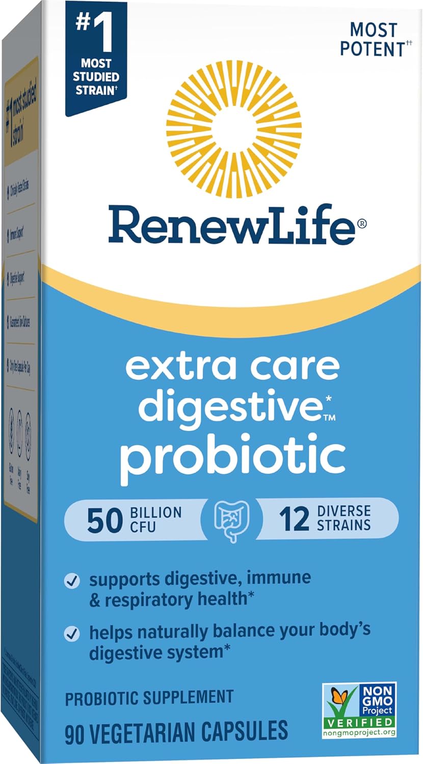 Renew Life Extra Care Digestive Probiotic 50 Billion CFU | 90 Vegetarian Capsules | Supports Digestive, Immune & Respiratory Health | Dairy, Soy and Gluten Free Supplement