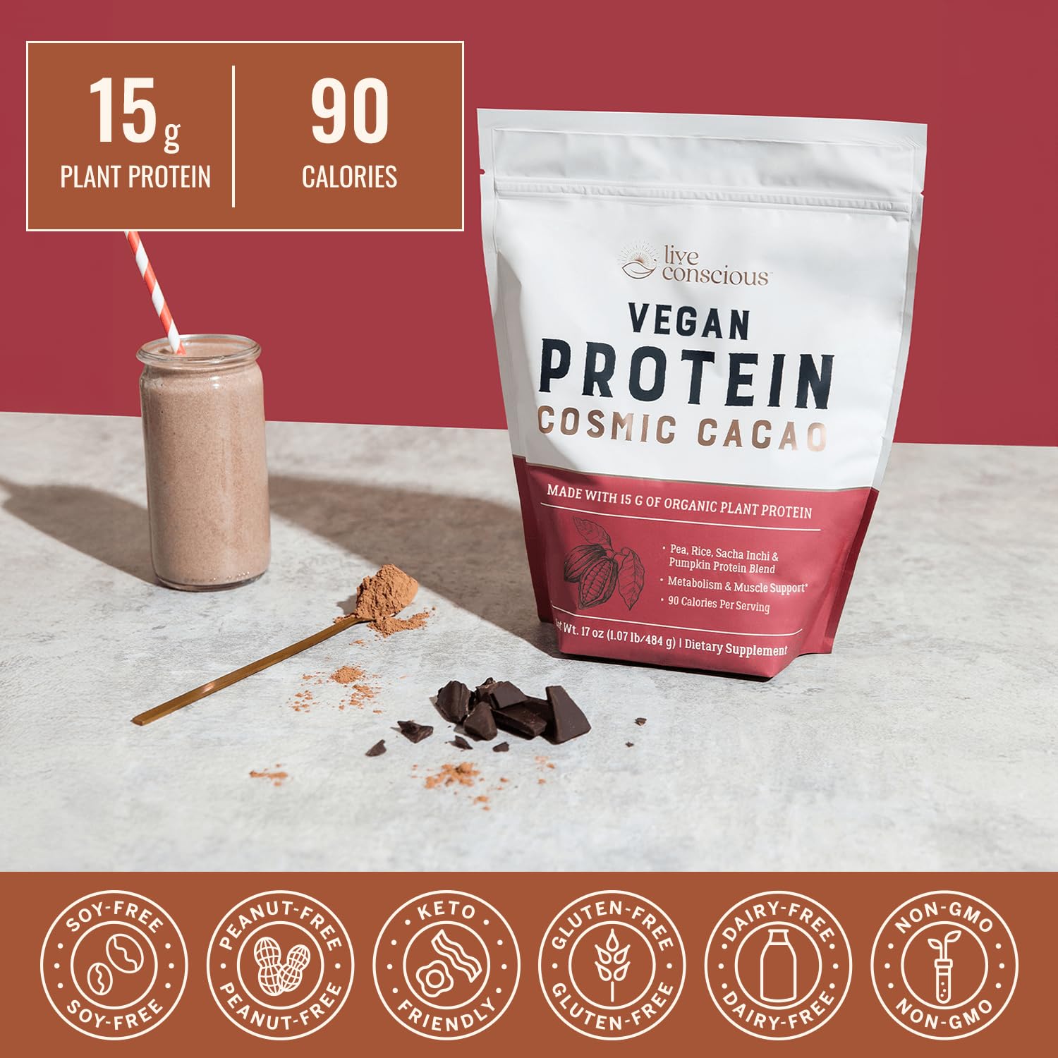 Live Conscious Cosmic Cacao - Organic Vegan Protein Powder, Chocolate Flavor, Plant-Based Blend - Pea Protein, Brown Rice, Pumpkin, Sacha Inchi - 20 Servings, 17 oz