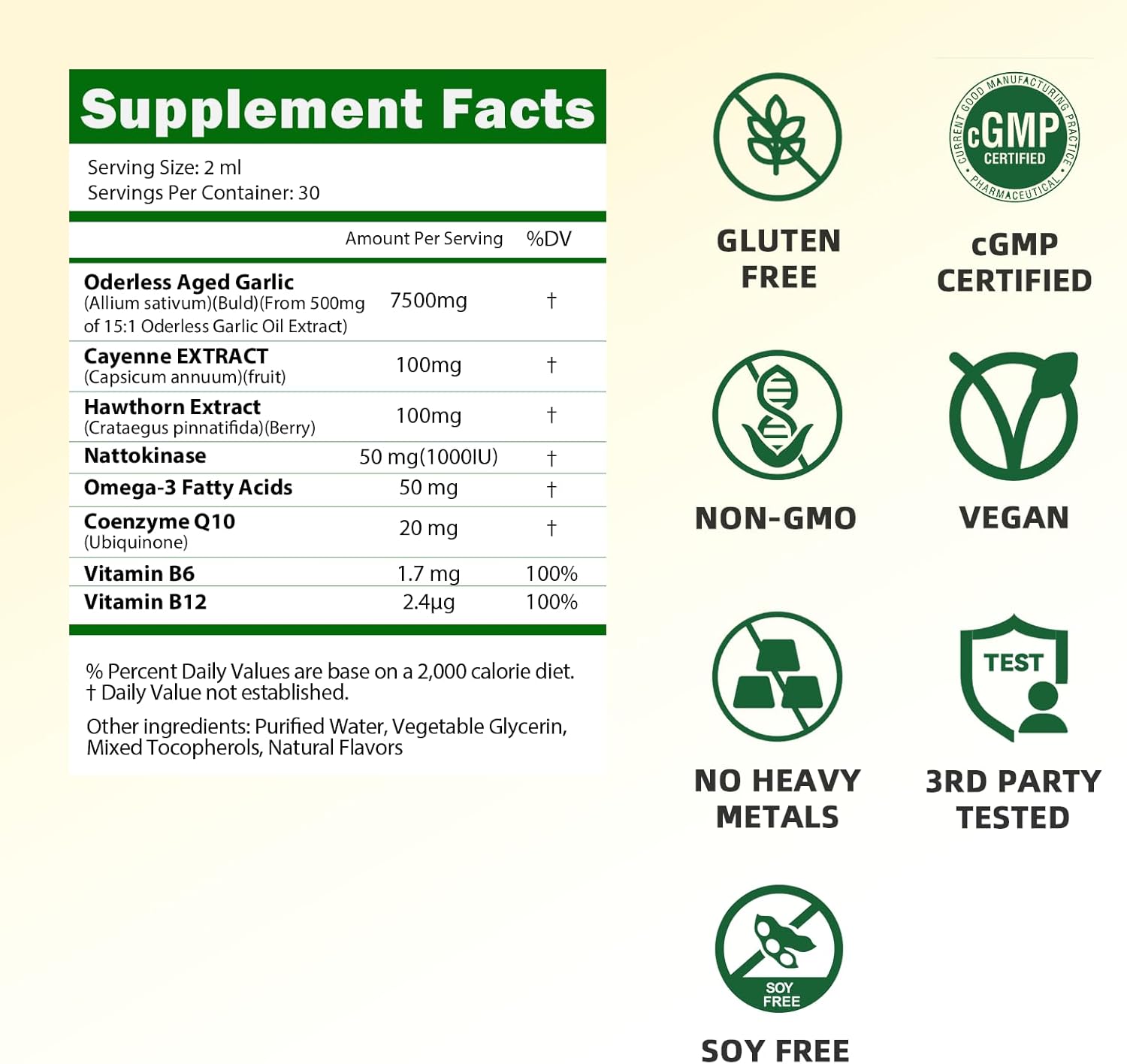 Aged Garlic Extract Liquid Drops, Odorless Garlic Supplement with CoQ10 Cayenne Hawthorn Berry Nattokinase Omega-3 Vitamin B6 & B12 for Heart Immune Health Support, Grown Allium Sativum Bulb