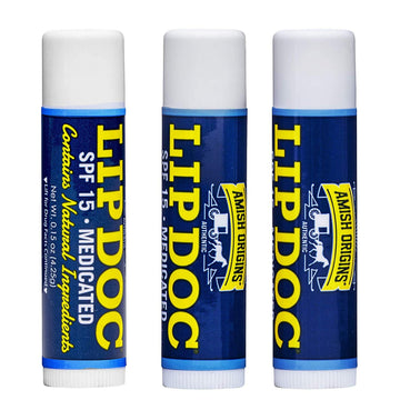Amish Origins SPF 15 Medicated Lip Doc Balm - All Natural Ingredients, Deep Moisturizing Potent Formula for Chapped and Cracked Lips, All Refreshing Essential Oils, 3 Pack