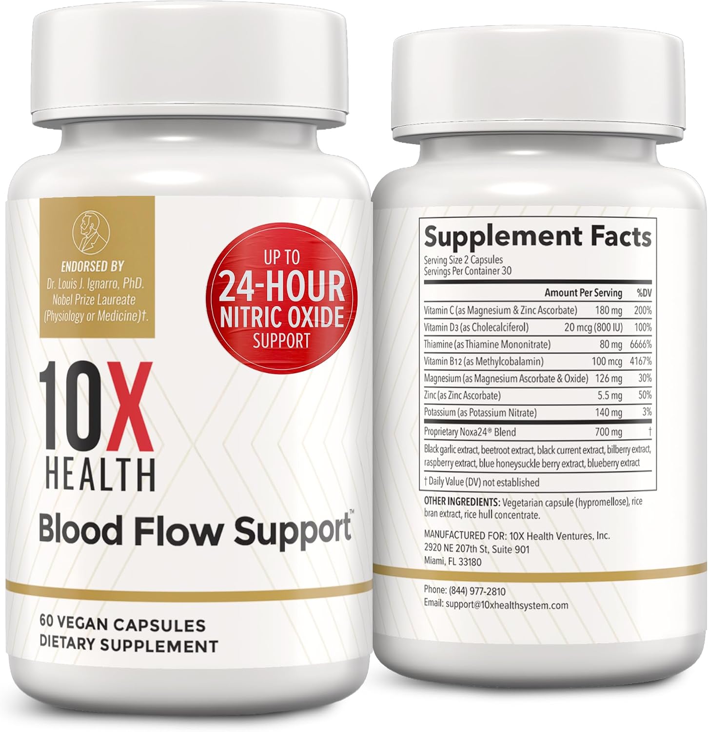 10X Health Nitric Oxide Supplement - 60 Vegan Capsules | Beetroot Extract Supplement: Beetroot Extract & Noxa24, 24-Hour Circulation Support, Vegan