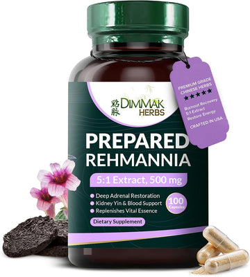 Prepared Rehmannia Root Capsules (Shu Di Huang)- 5:1 Organic Extract- High Potency Adrenal & Kidney Yin Tonic- Supports Menopause, Sleep & Vitality- Non-GMO Vegan, 500mg