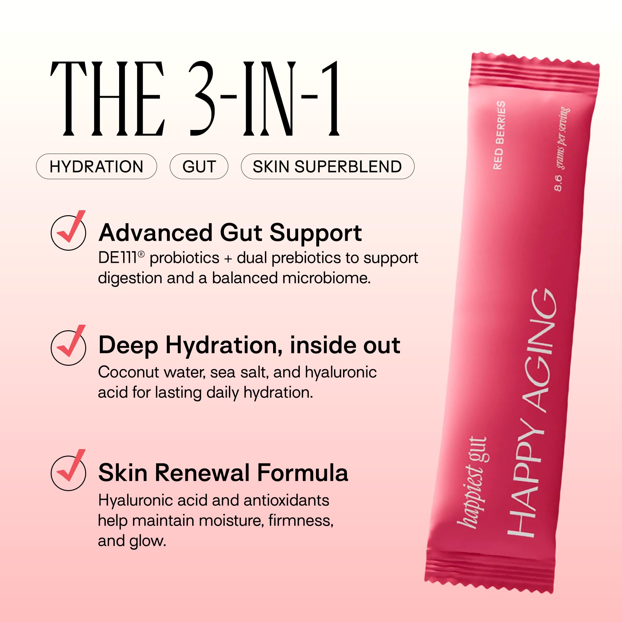 Happy Aging Electrolytes Powder Packets for Women - Sugar Free Hydration & Gut Health with Hyaluronic Acid & Bacillus Subtilis DE111 Probiotics - Dual Prebiotic System for Skin Beauty