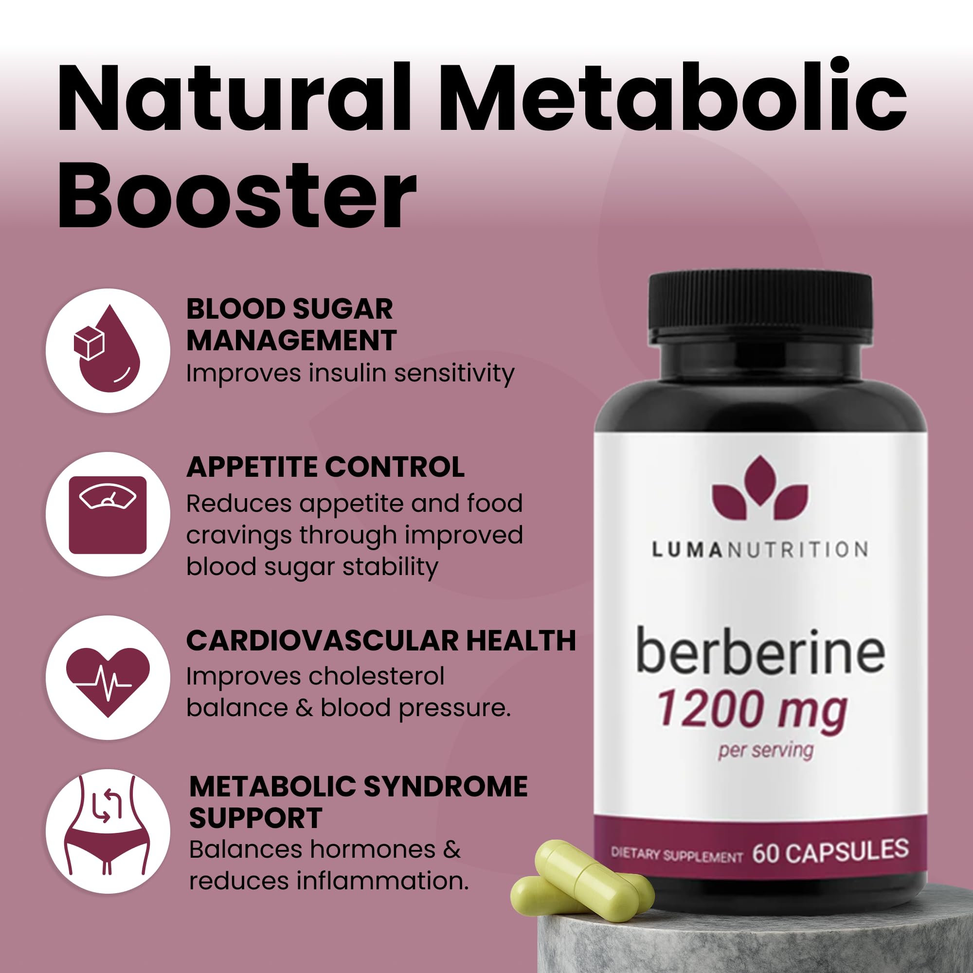 Luma Nutrition Pure Berberine Supplement - Berberina 1200mg - 60 Capsules