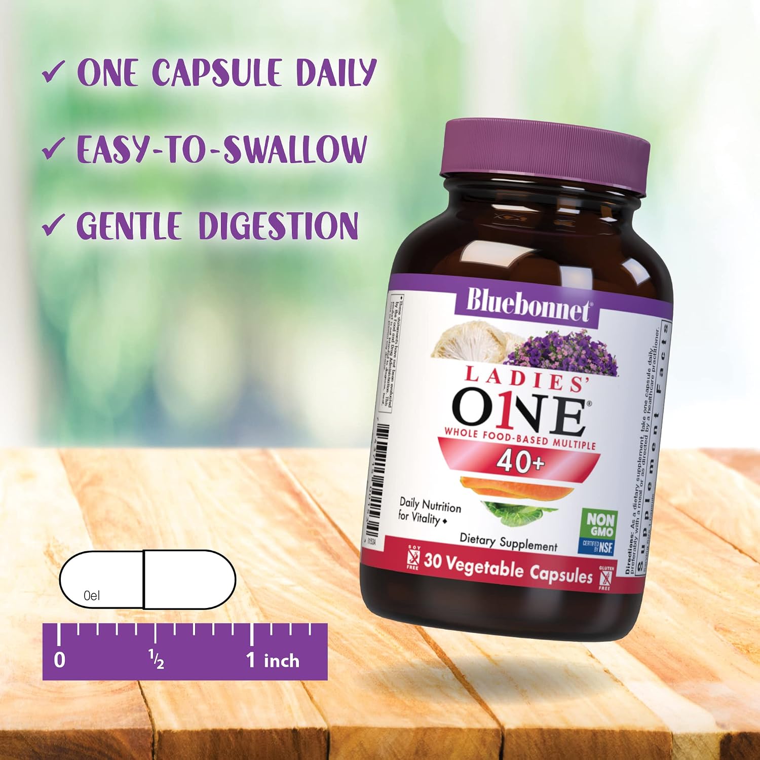 Bluebonnet Nutrition Ladies’ ONE 40+ Whole Food-Bed Multiple, Women Multivitamin for Women 40+, Soy-Free, Non-GMO, Gluten Free, 60 Vegetable Capsules, 60 Servings