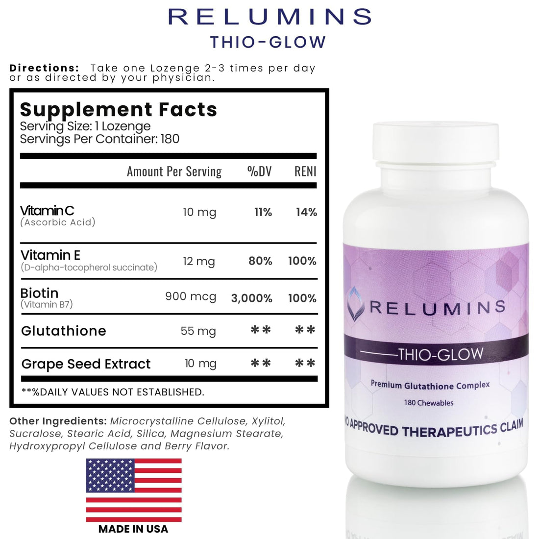 Three bottles of Relumins Thio-Glow supplements on a white background